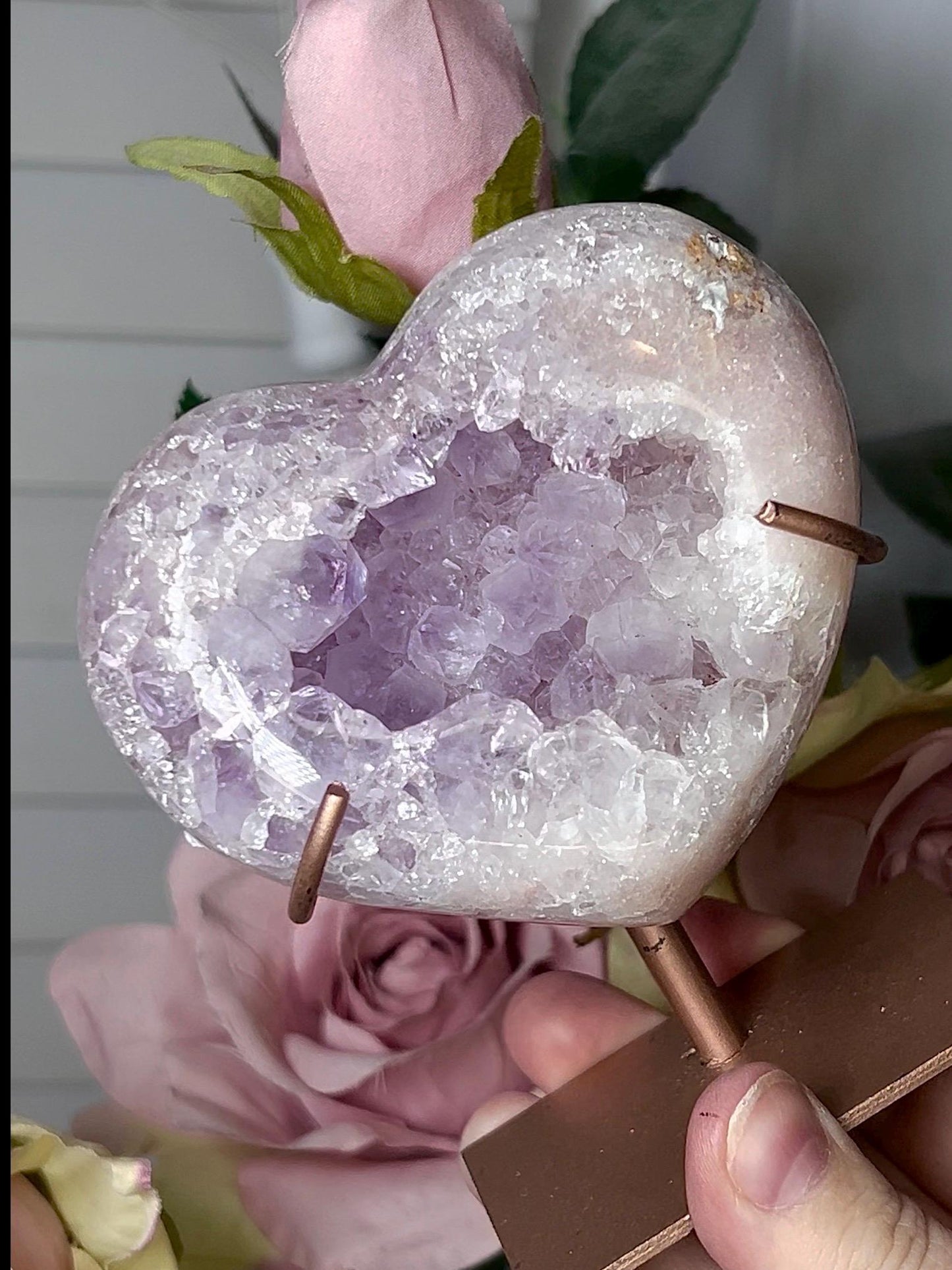 High grade, stunning, pink amethyst heart with purple quartz on stand 384g