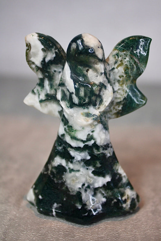 Moss agate, fairy, carving 8cm (h)