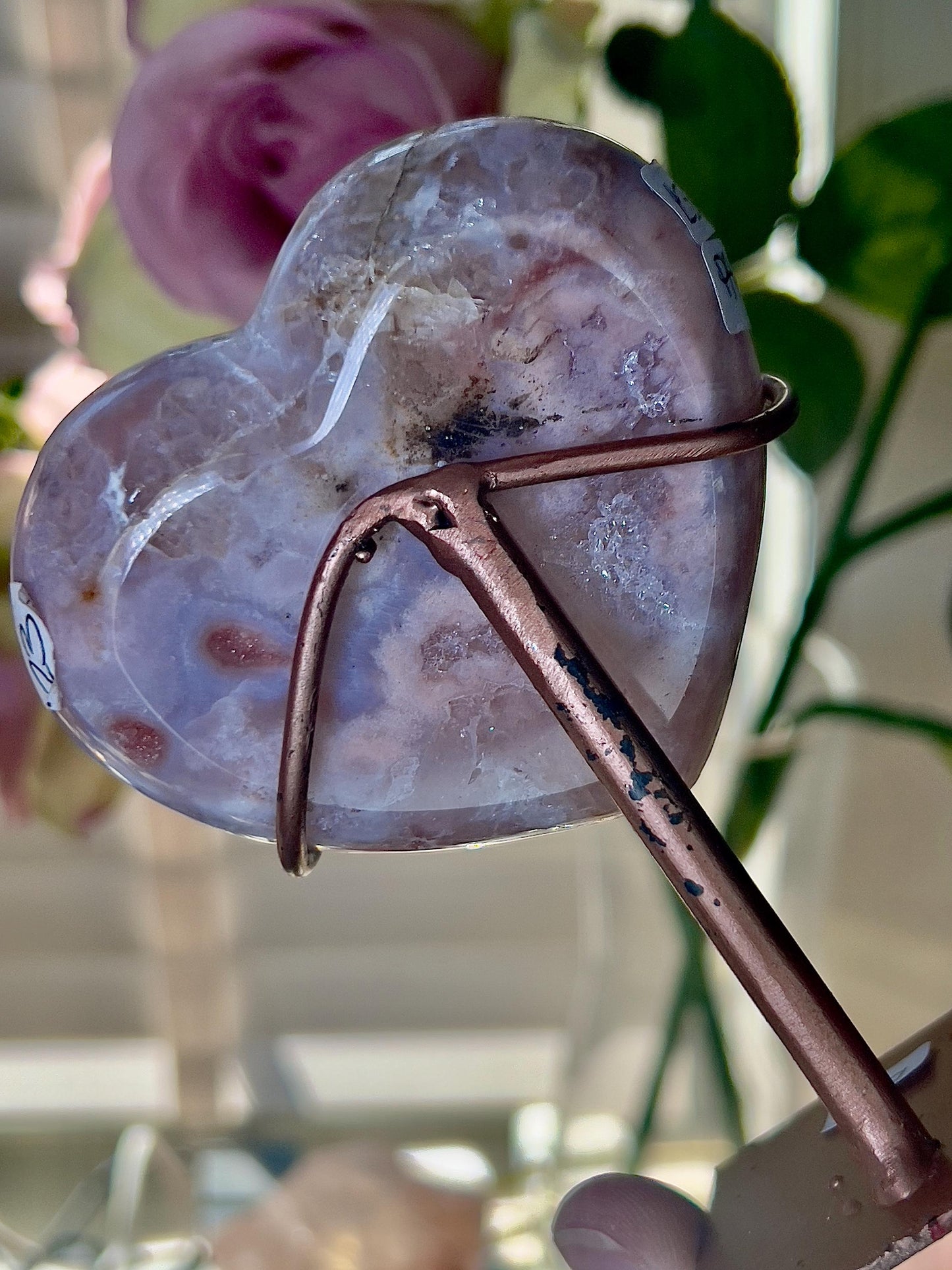 Pink amethyst & quartz heart on custom stand - which has scratches (discount added) can easily be repainted