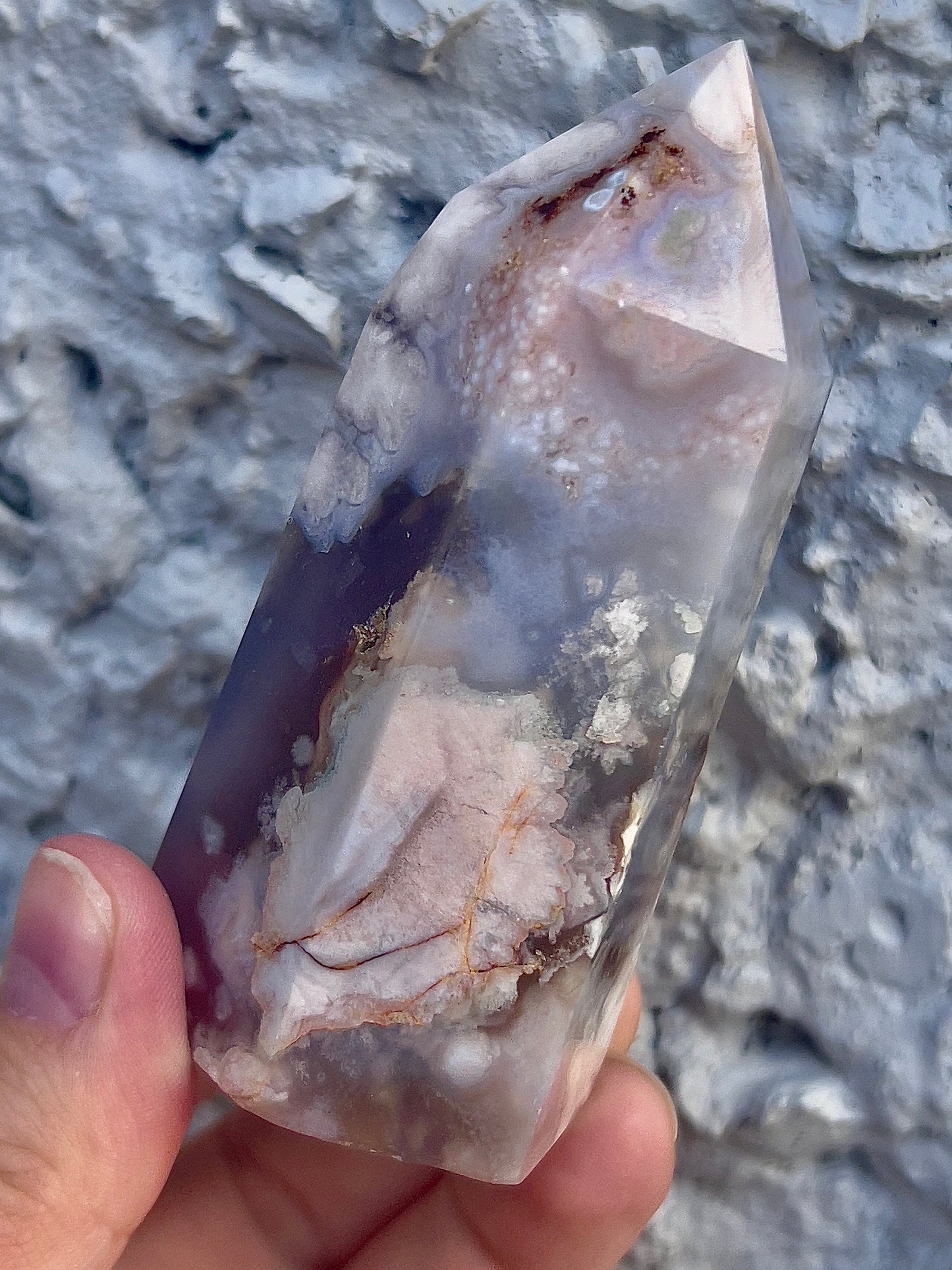 black flower agate tower with pink amethyst