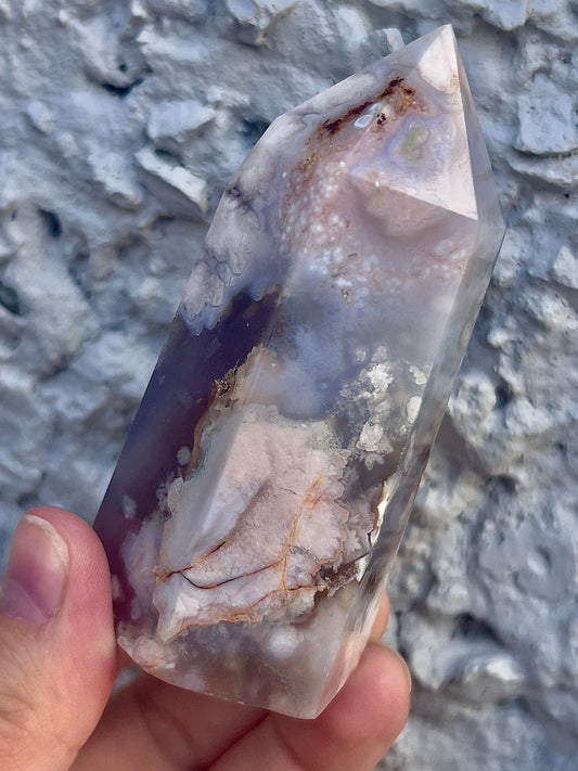 black flower agate tower with pink amethyst