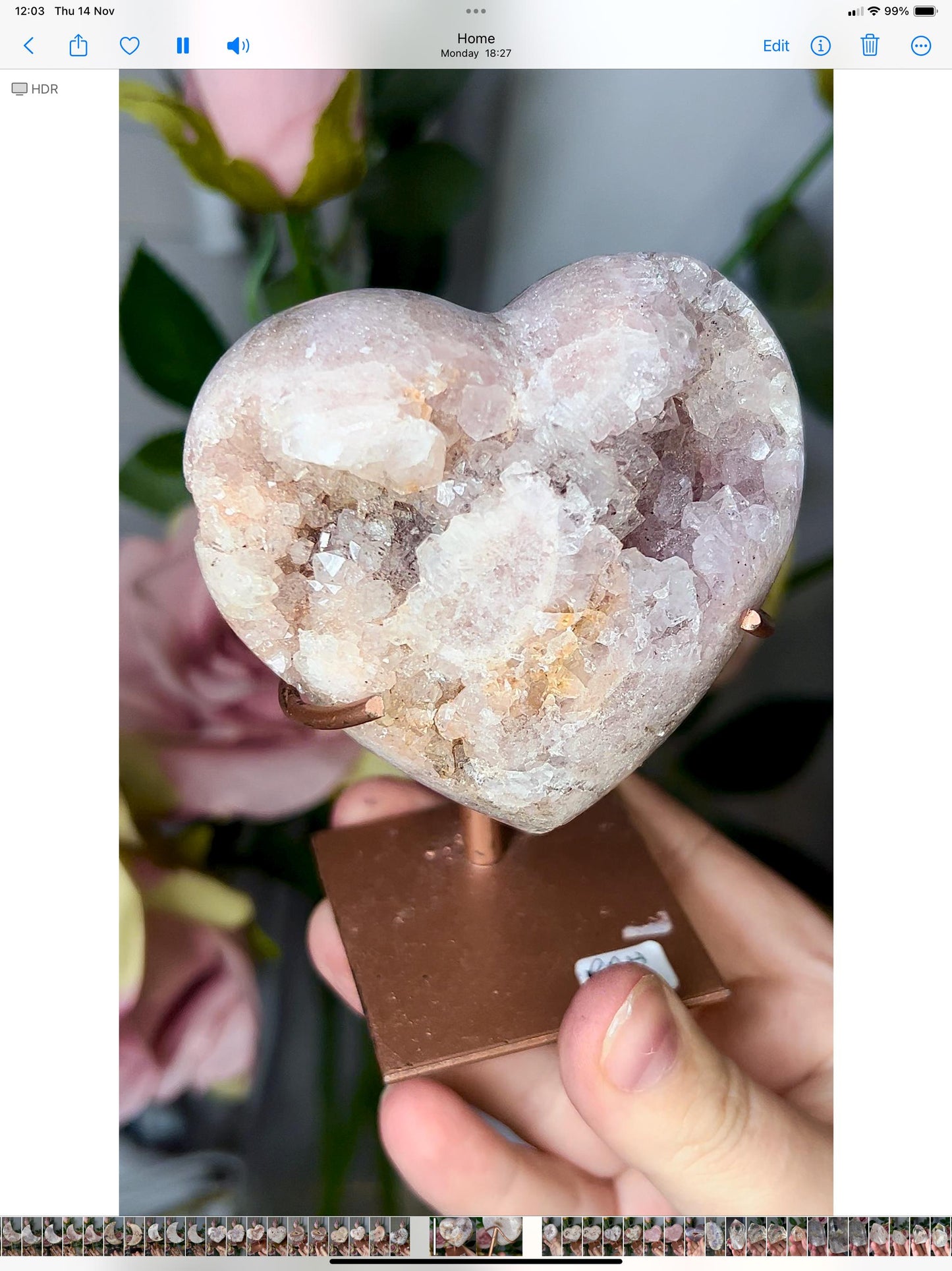 pink amethyst heart with quartz druzy comes with stand that is scratched (discount added)