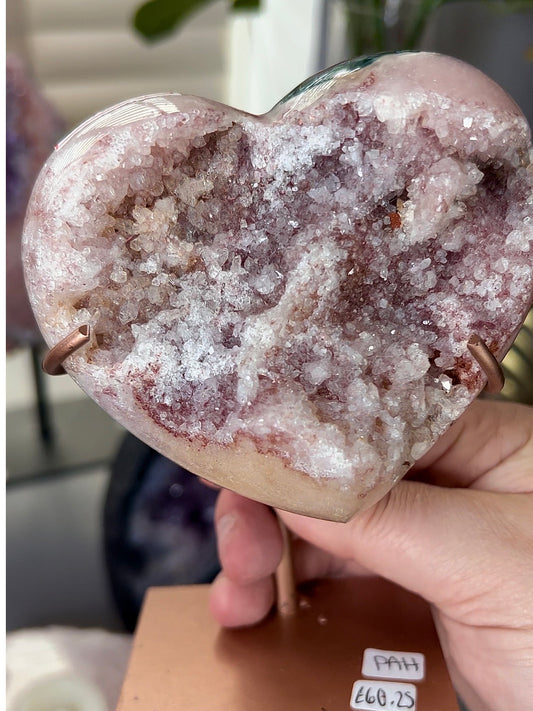 pink amethyst with red druzy and green jasper on a custom stand