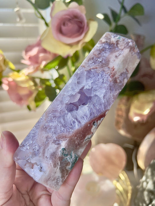 High grade, pink amethyst tower with purple quartz