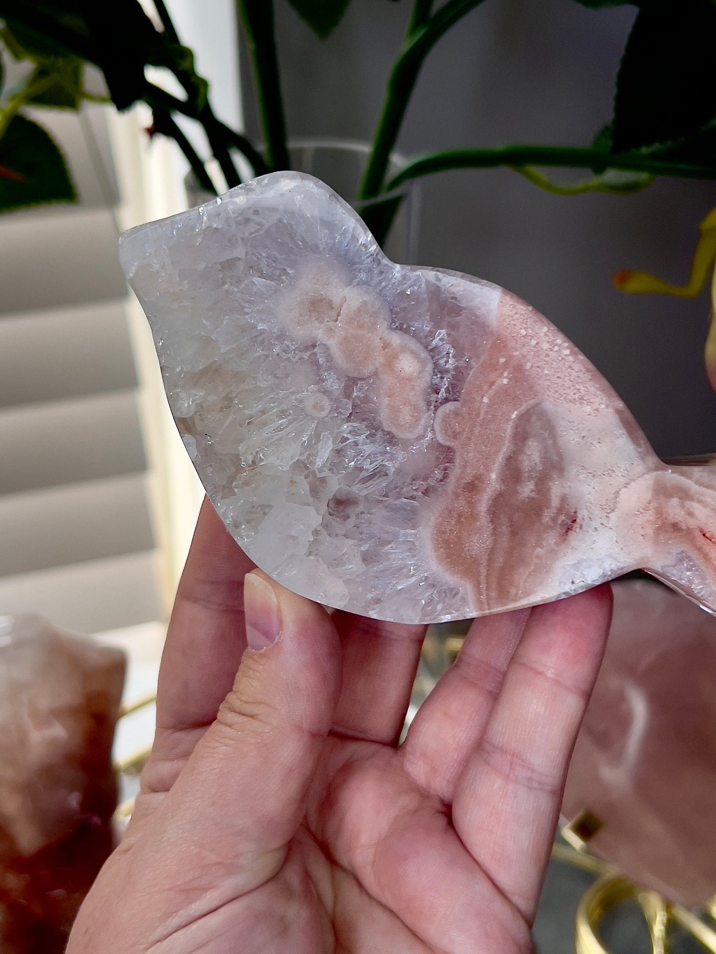 High grade pink amethyst, bird carving with high clarity quartz