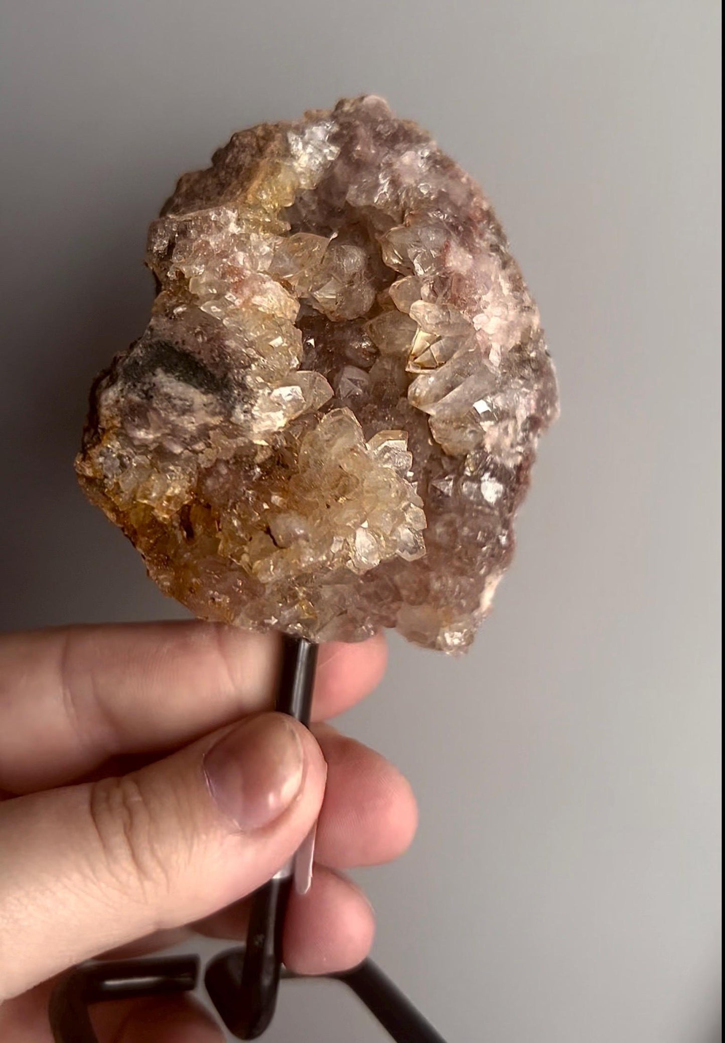 High grade, pink amethyst geode on stand quartz teeth