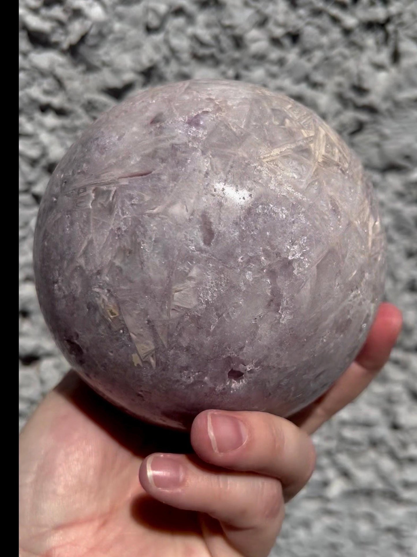 large, statement pink amethyst sphere with rutile formations in gorgeous lilac tones 2.058kg