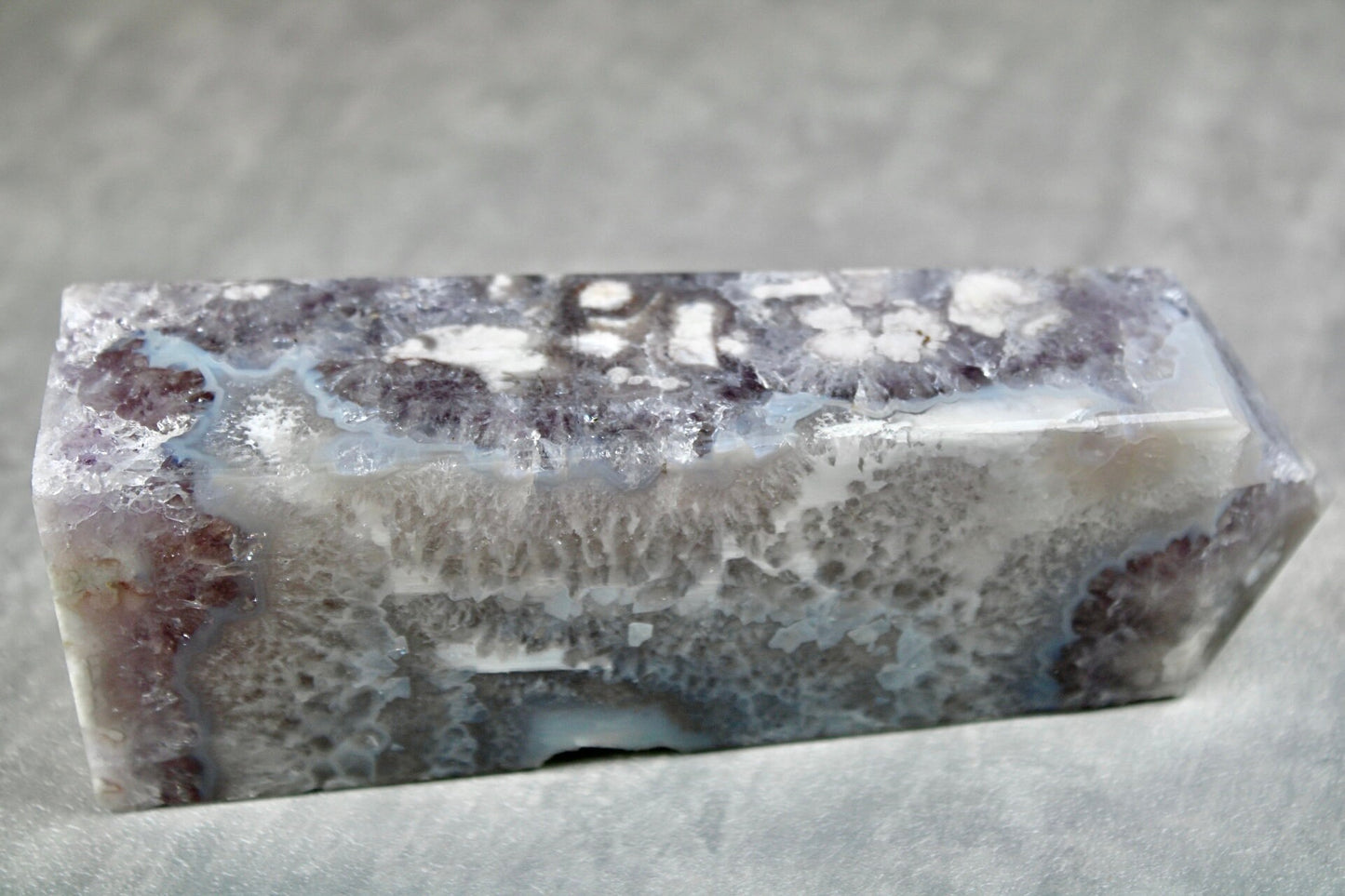 New find! Rare find! Gorgeous, chlorite, green flower agate with amethyst tower