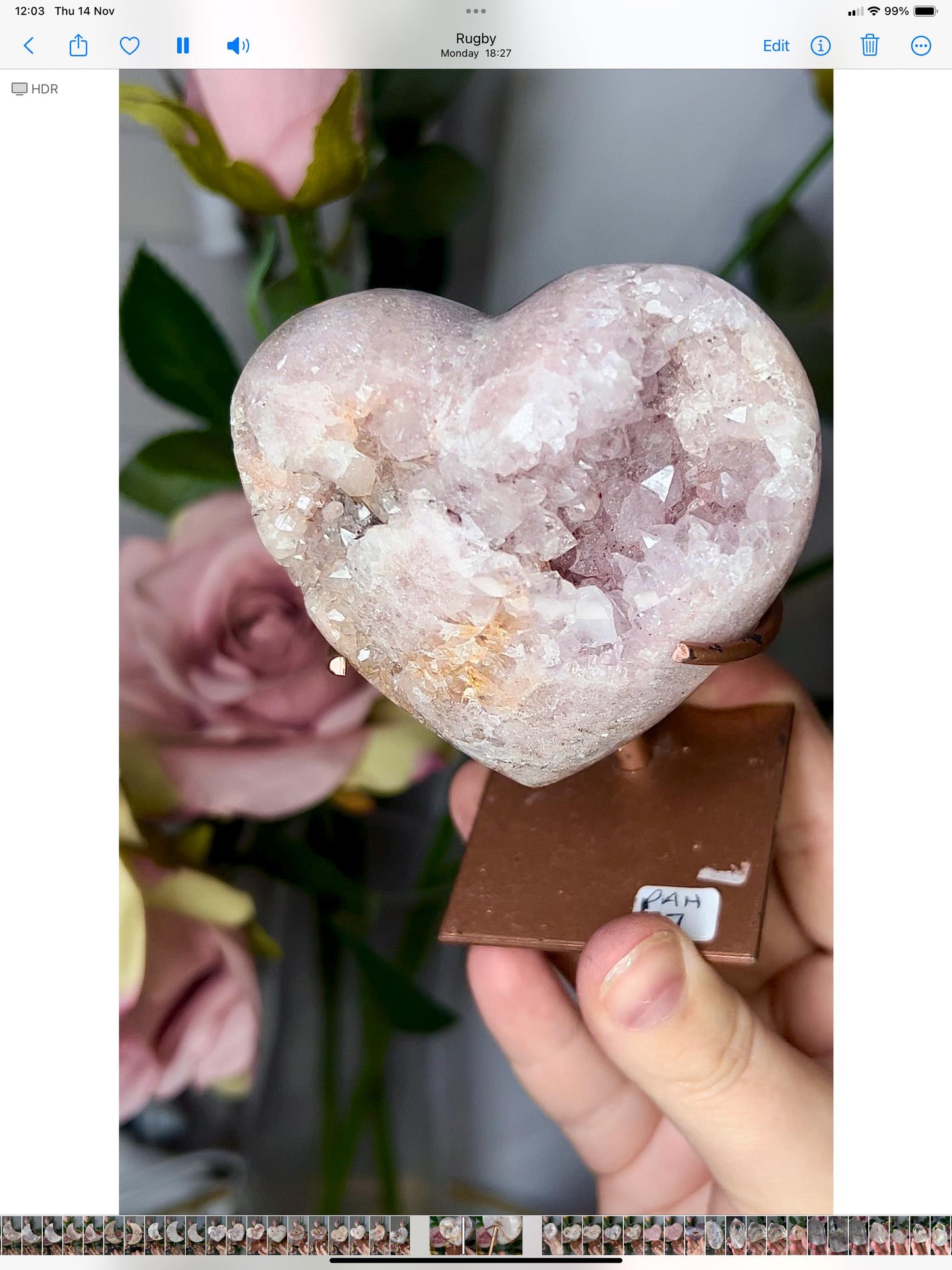 pink amethyst heart with quartz druzy comes with stand that is scratched (discount added)