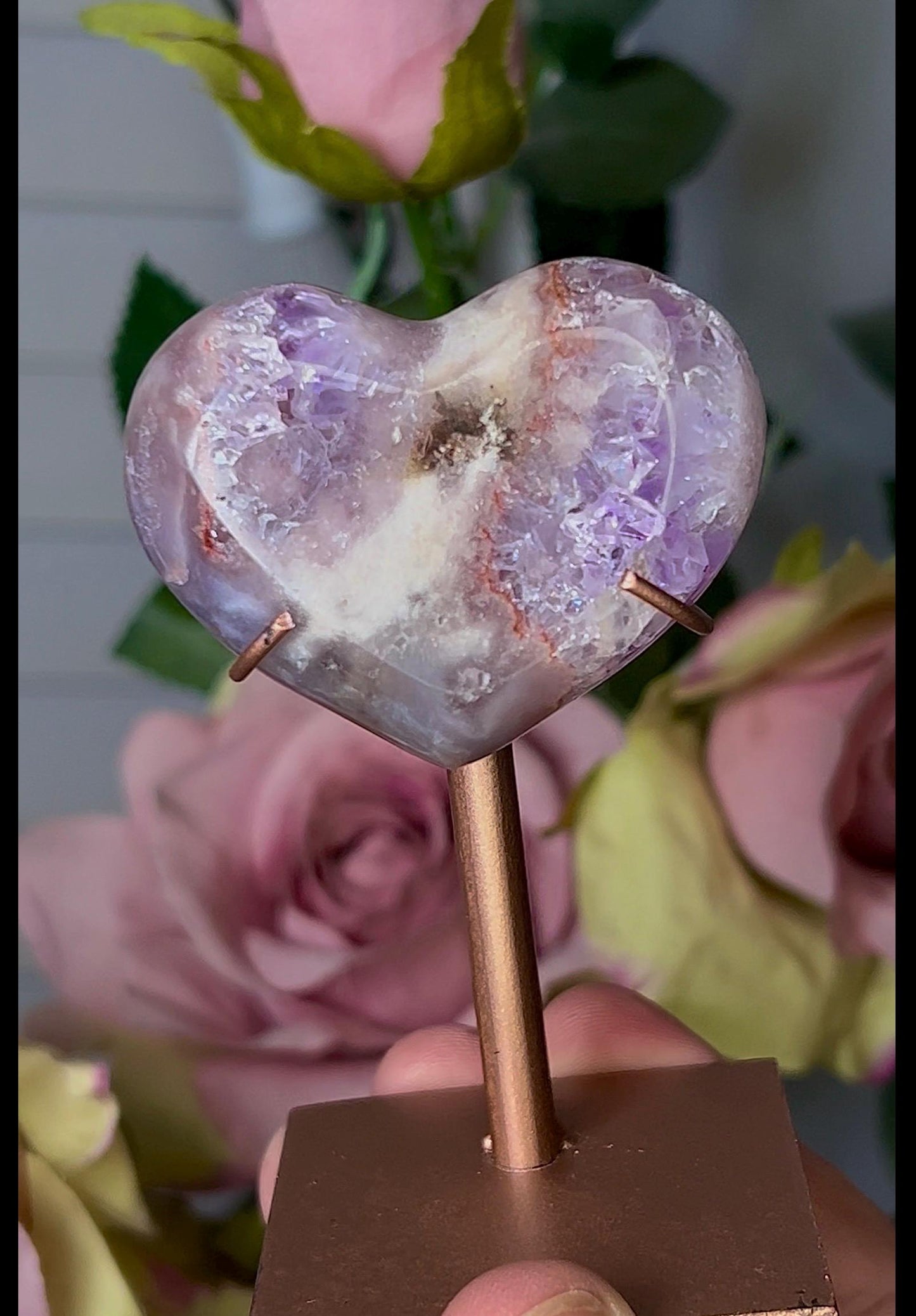 Cute, mini, pink amethyst heart on stand purple quartz & red hematite lining 74g with stand