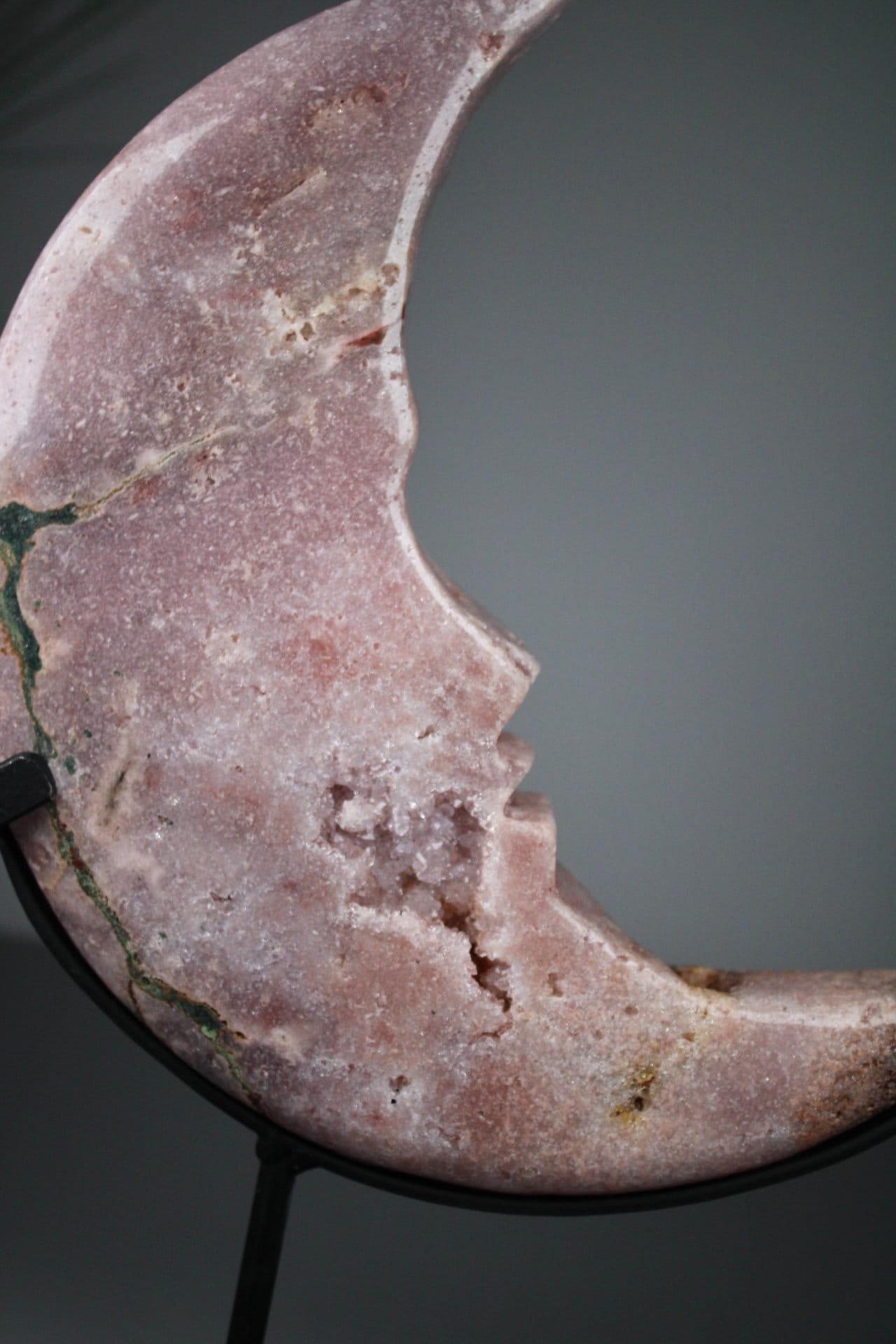 High quality, Pink amethyst, crescent moon with face, on stand from brazil with green jasper vein