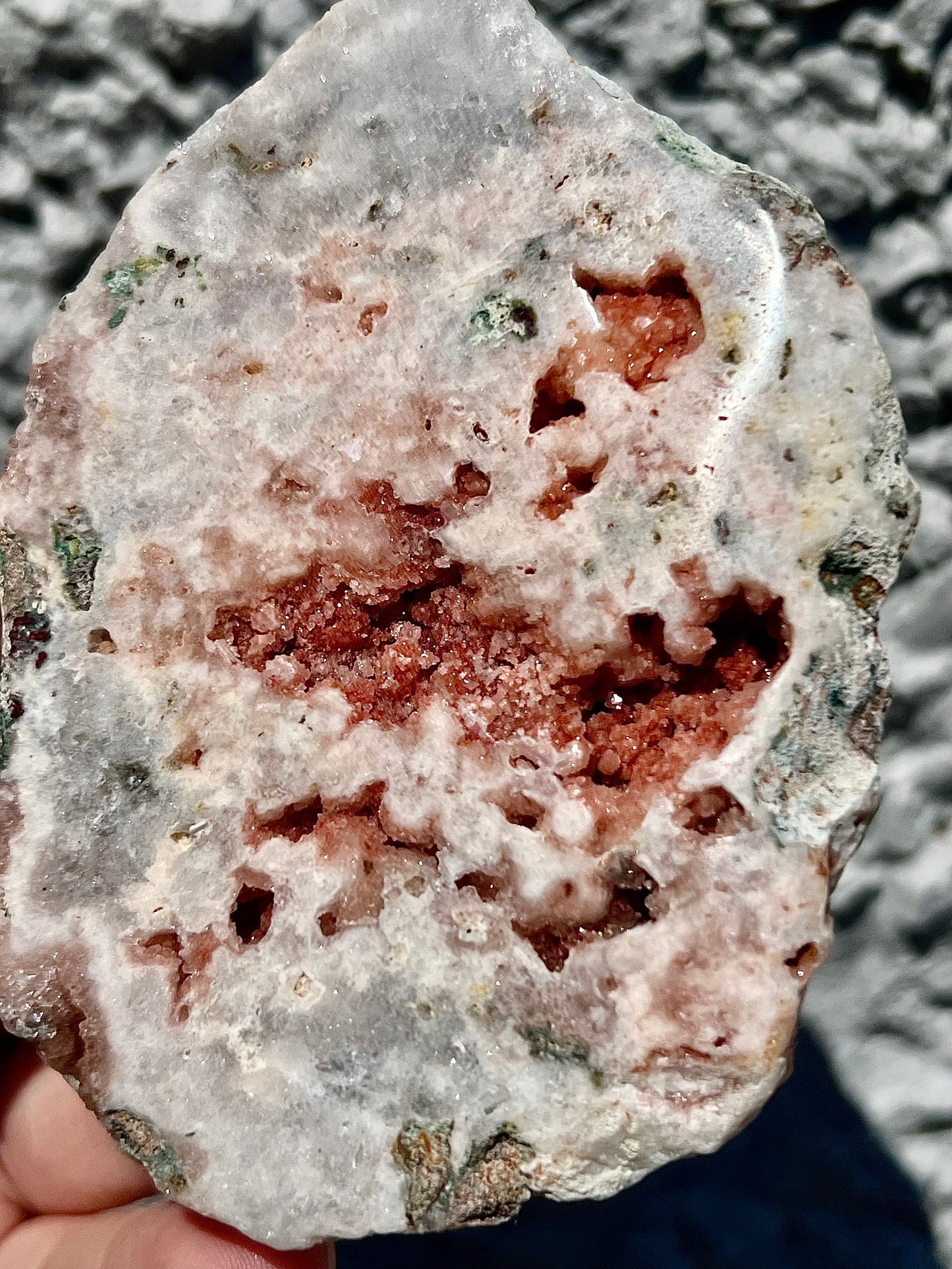 high quality, pink amethyst slab with vibrant red sugar druzy