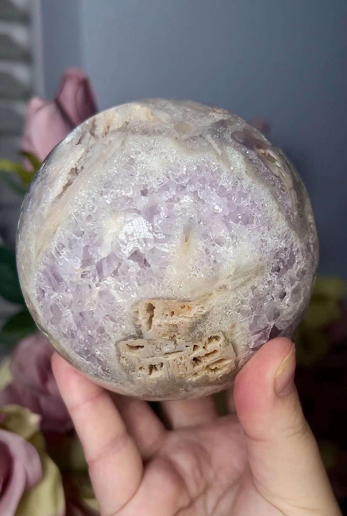 large, statement pink amethyst sphere with rutile formations and agate byover 1.220kg