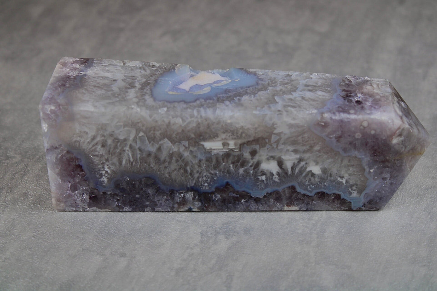 New find! Rare find! Gorgeous, chlorite, green flower agate with amethyst tower