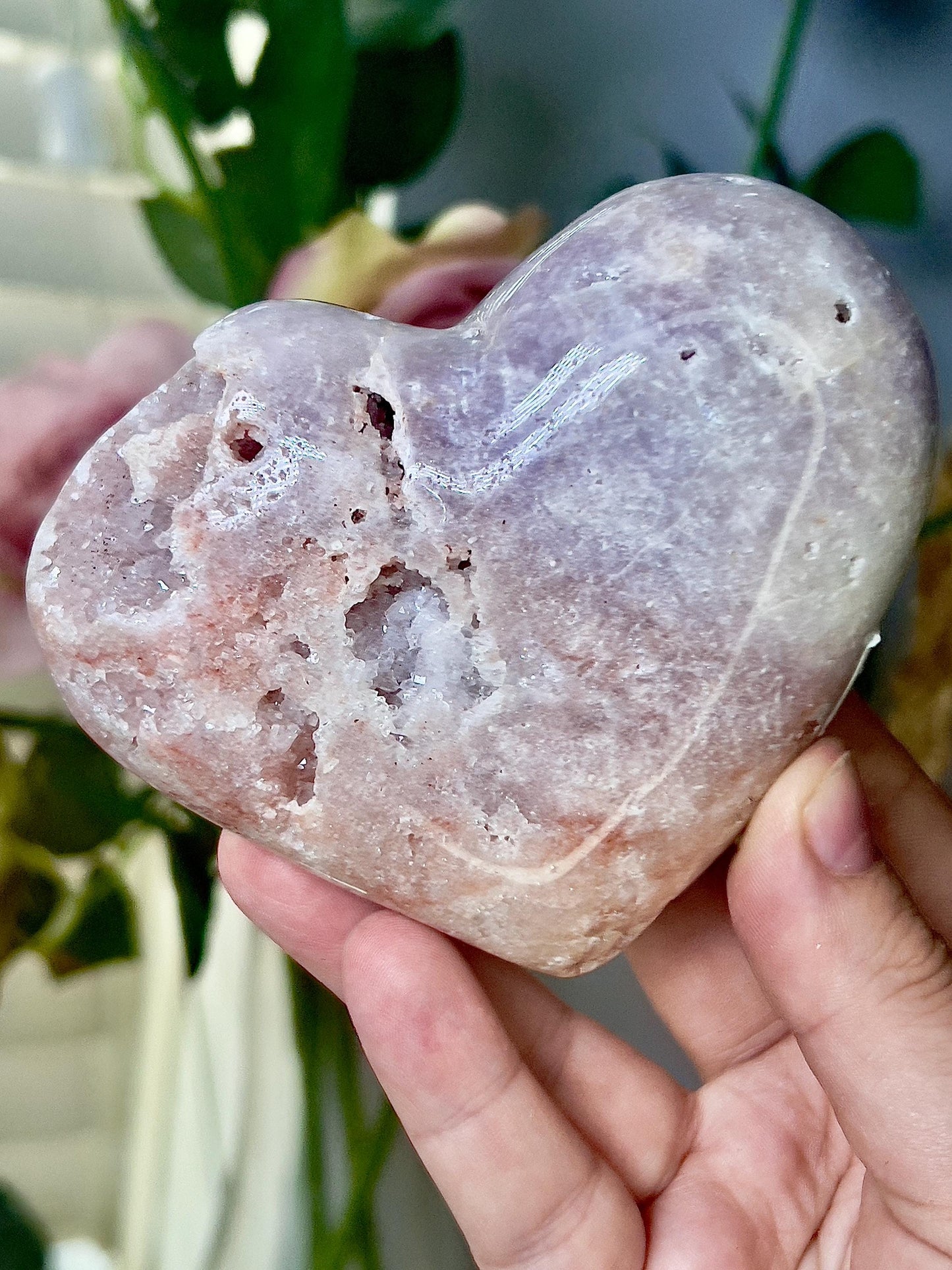 Pink amethyst heart in pink & peach tones with quartz and sugar druzy