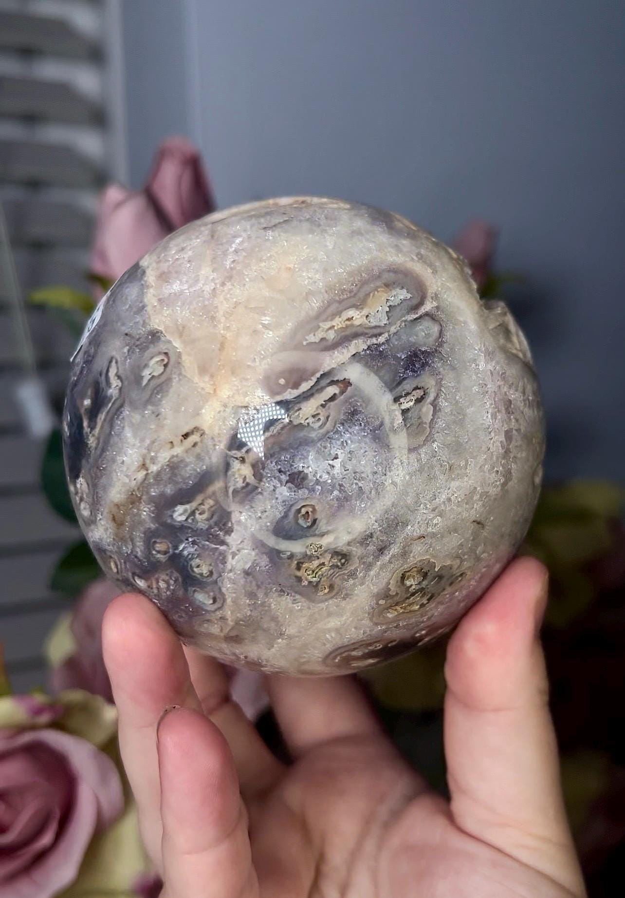 large, statement pink amethyst sphere with rutile formations and agate byover 1.220kg