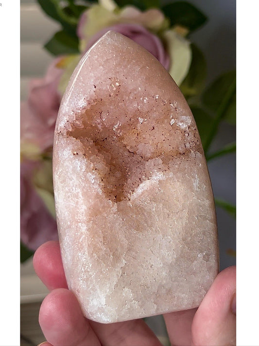 High grade, peach toned pink amethyst flame