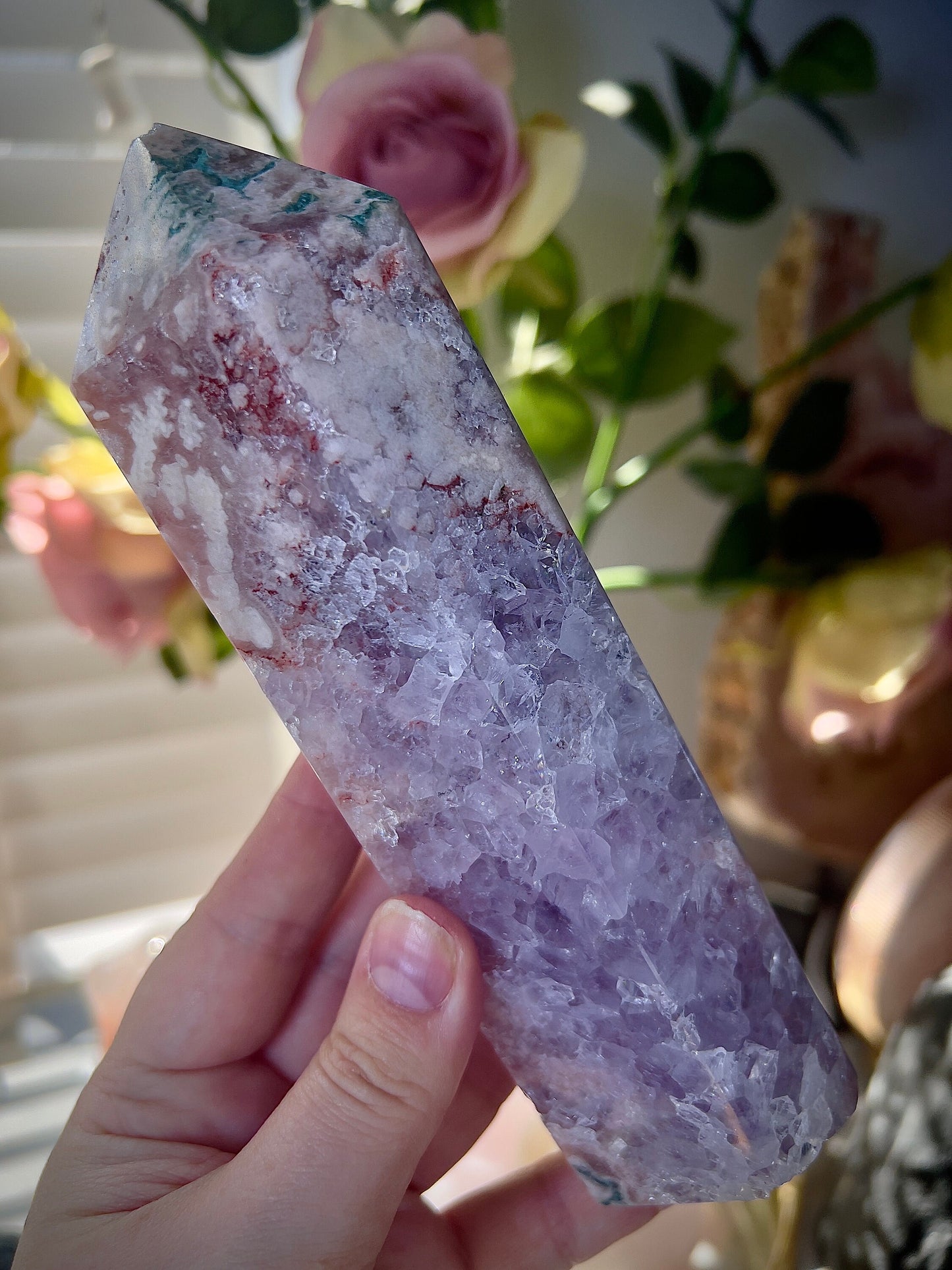 High grade, pink amethyst tower with purple quartz