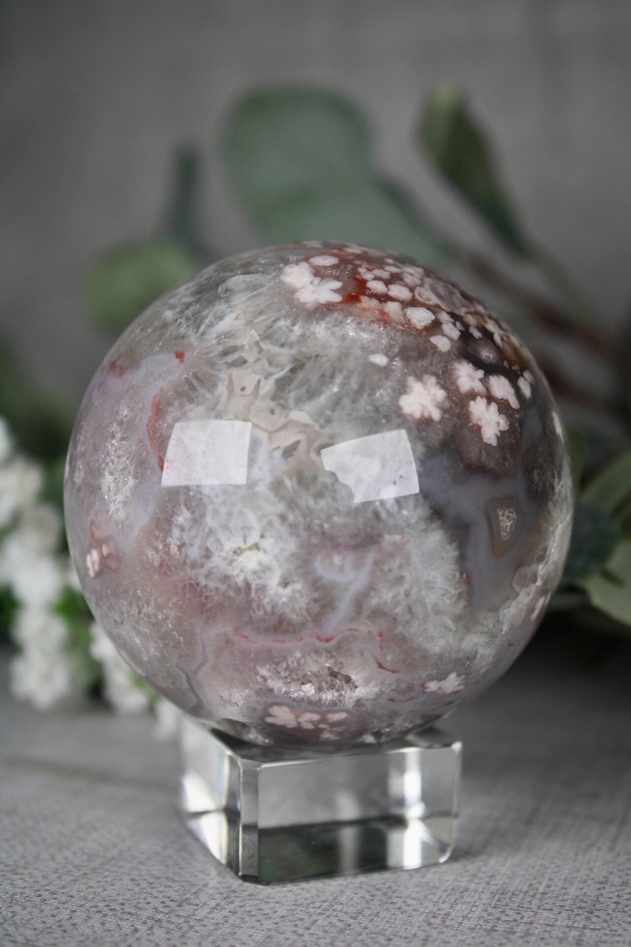 High quality, chlorite x flower agate sphere 535G 7CM