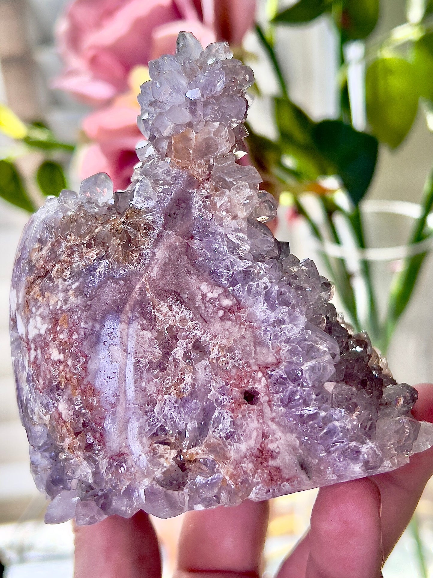 high quality, lilac, high clarity quartz druzy , pink amethyst Freeform with stalactite