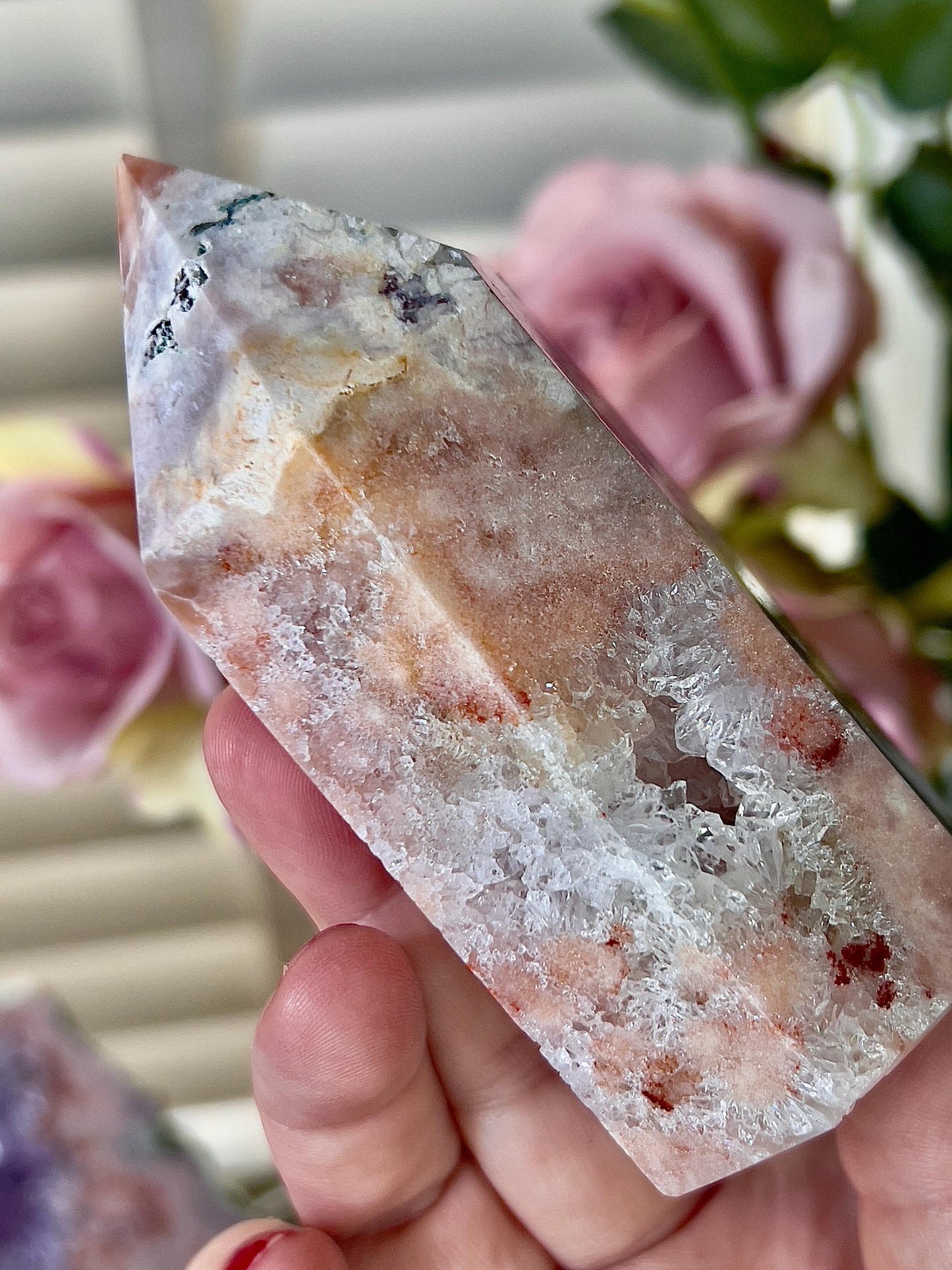 High quality, druzy, peach toned, pink amethyst tower with quartz 360g 10cm(h) 5.5cm(w)