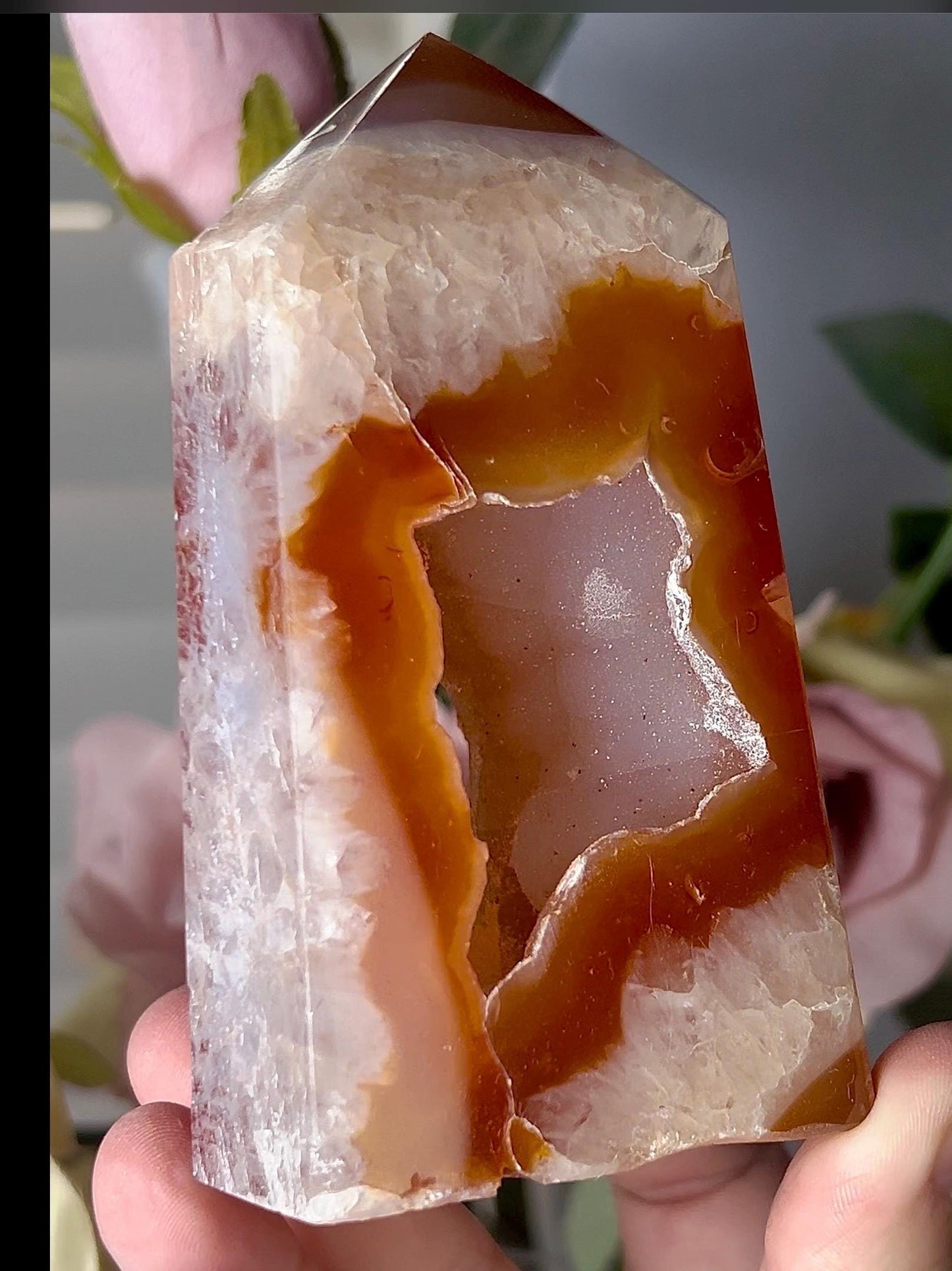 Extra quality, chinky red agate, carnelian tower with quartz & sugar druzy portal, cave