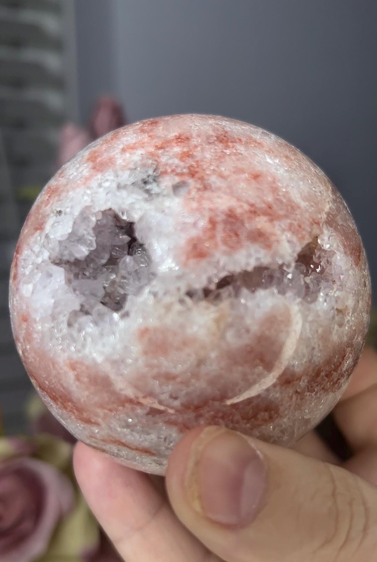 High grade, pink amethyst sphere with quartz 555g