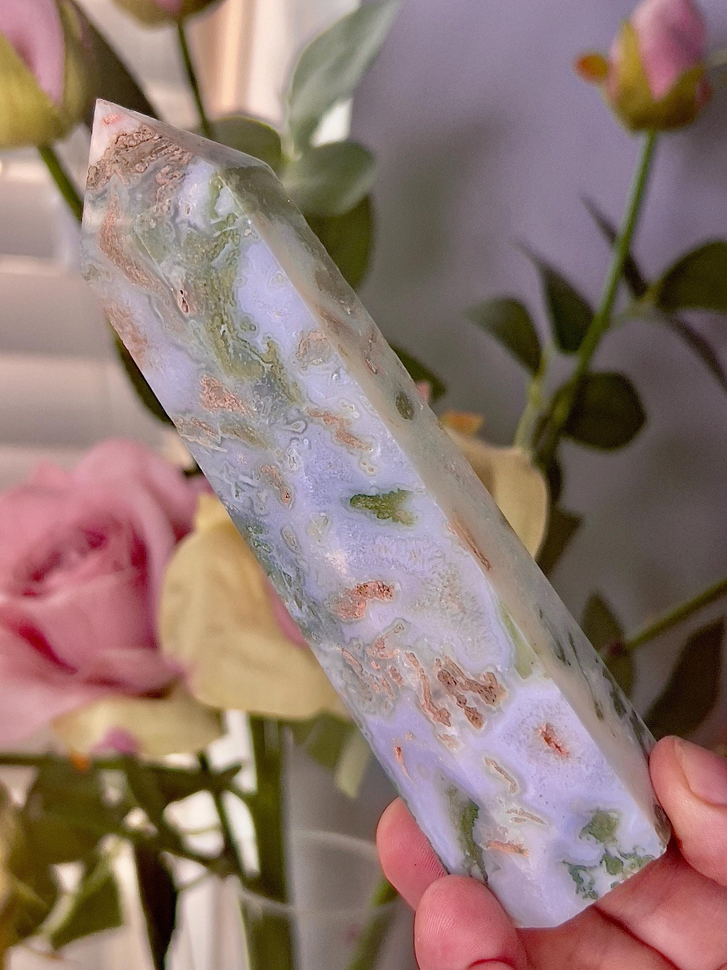 Large, moss agate & quartz tower 255g