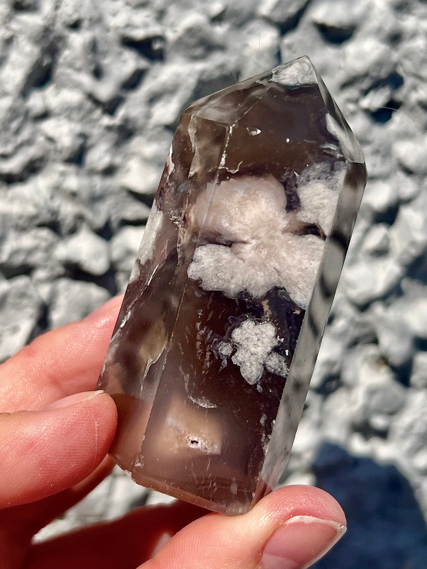 black flower agate tower with druzy cave