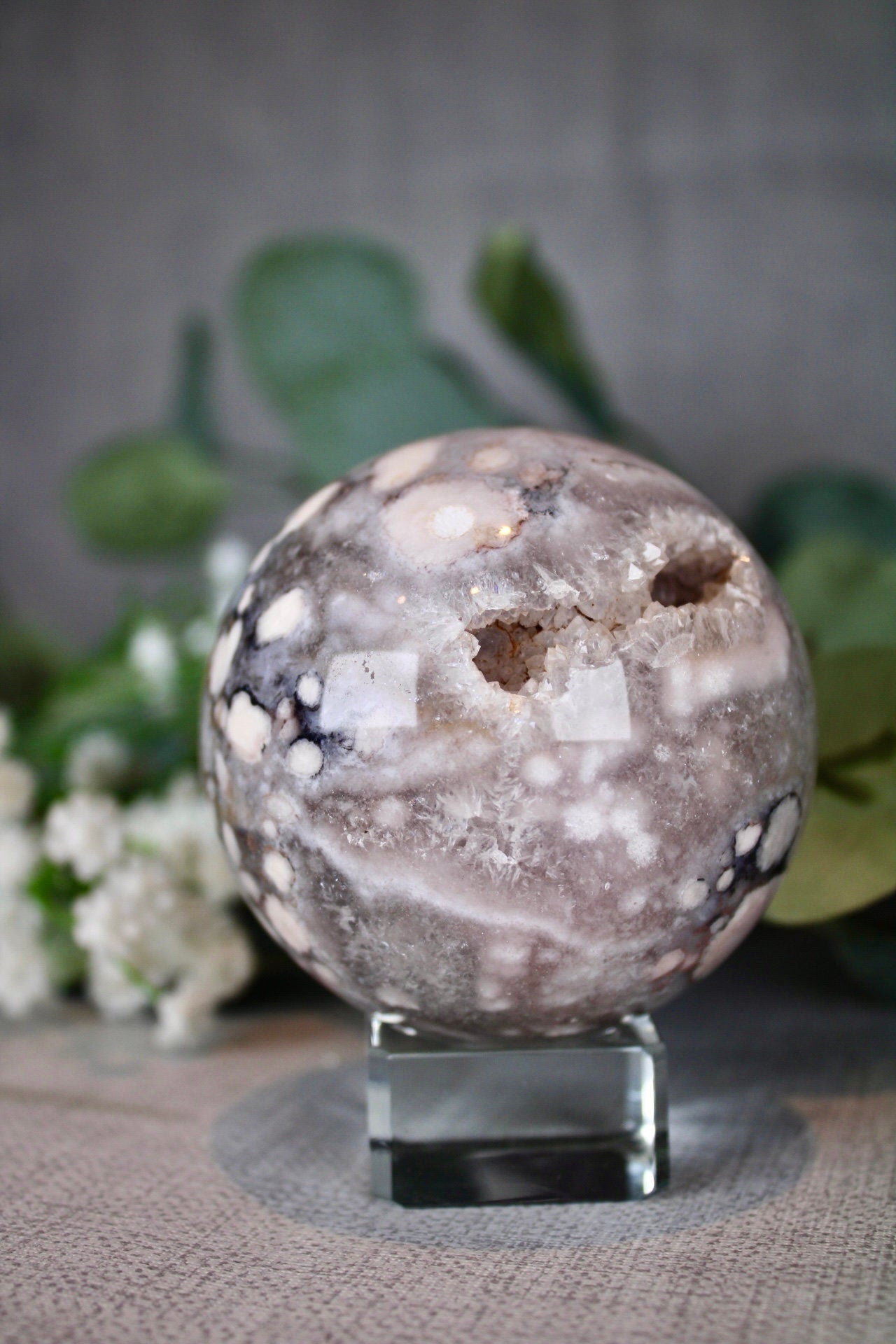 Blue flower agate x chlorite quartz sphere 495g 7cm