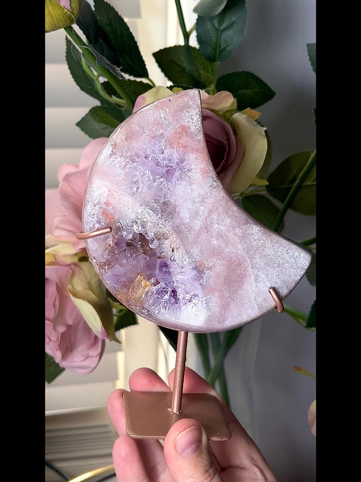 High grade, pink amethyst moon with purple quartz druze 500g