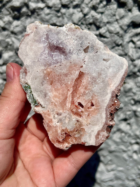 high quality pink amethyst slab with peach and purple tones and rutile formations