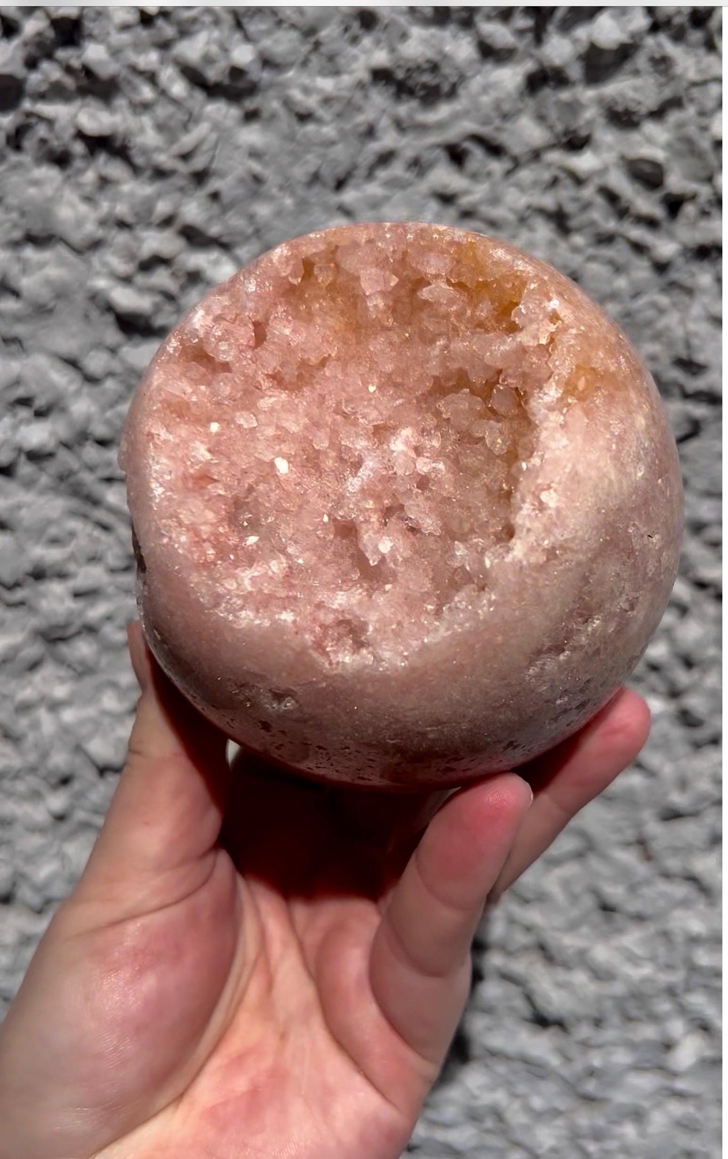 large, vibrant peach toned pink amethyst sphere with sugar druzy cave 1.173kg