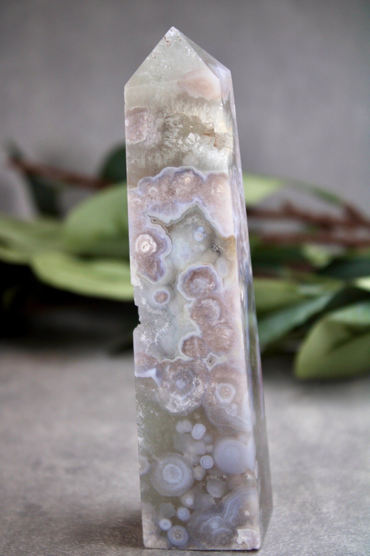 Stunning!! Super high quality, Druzy, green chlorite x blue flower agate, 4 sided, tower