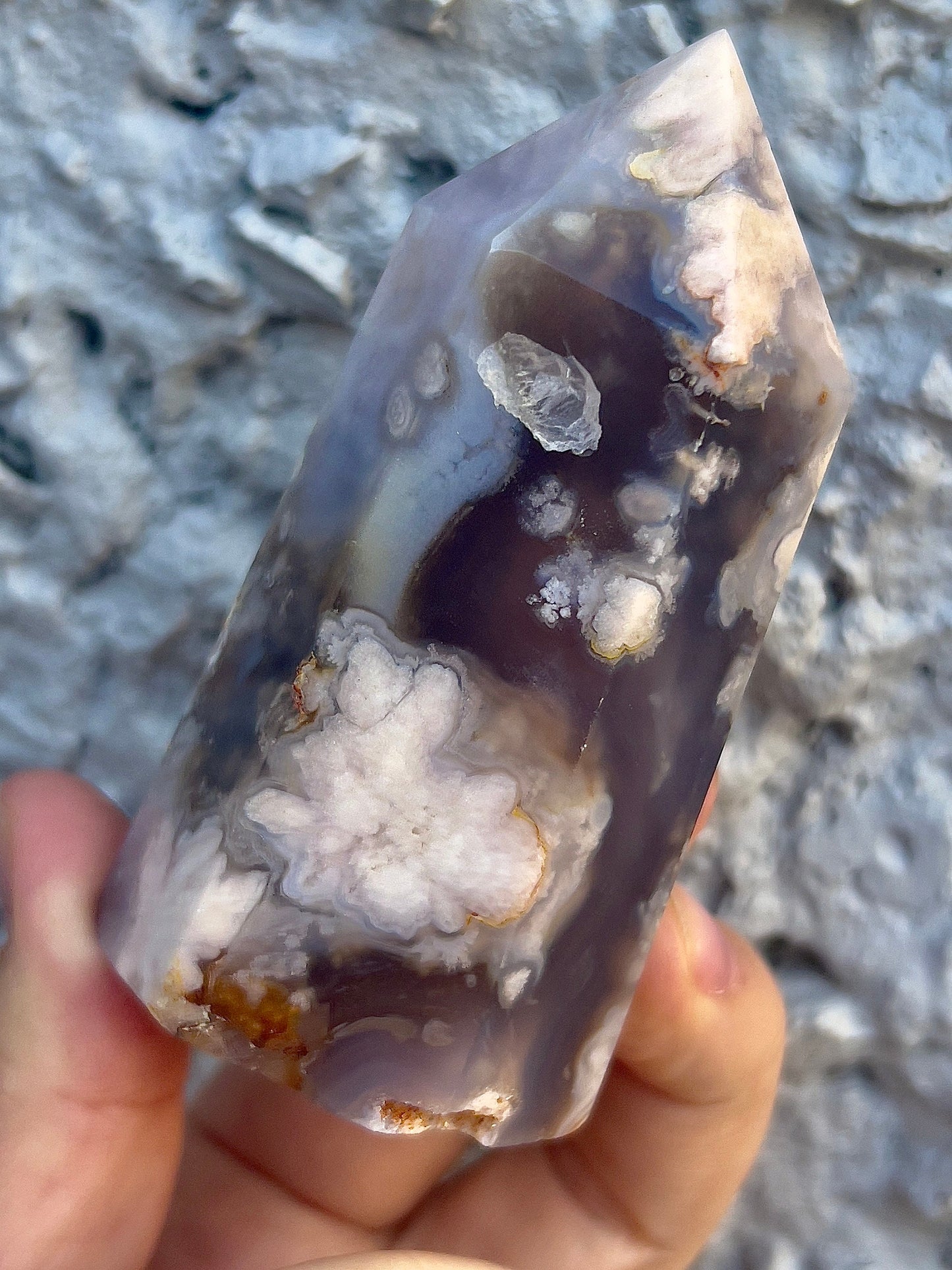 black flower agate tower with pink amethyst