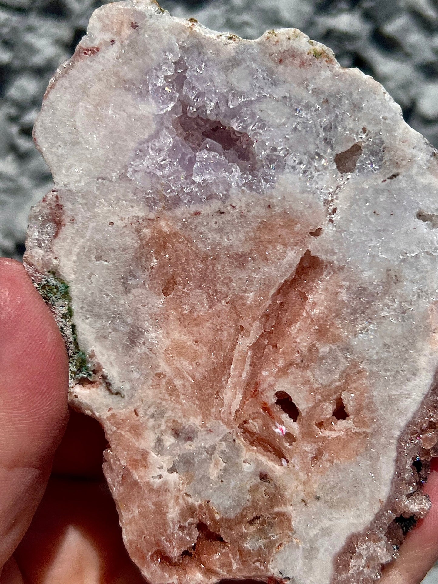 high quality pink amethyst slab with peach and purple tones and rutile formations