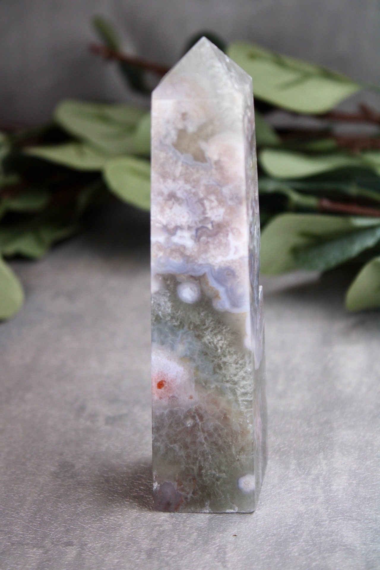 Stunning!! Super high quality, Druzy, green chlorite x blue flower agate, 4 sided, tower