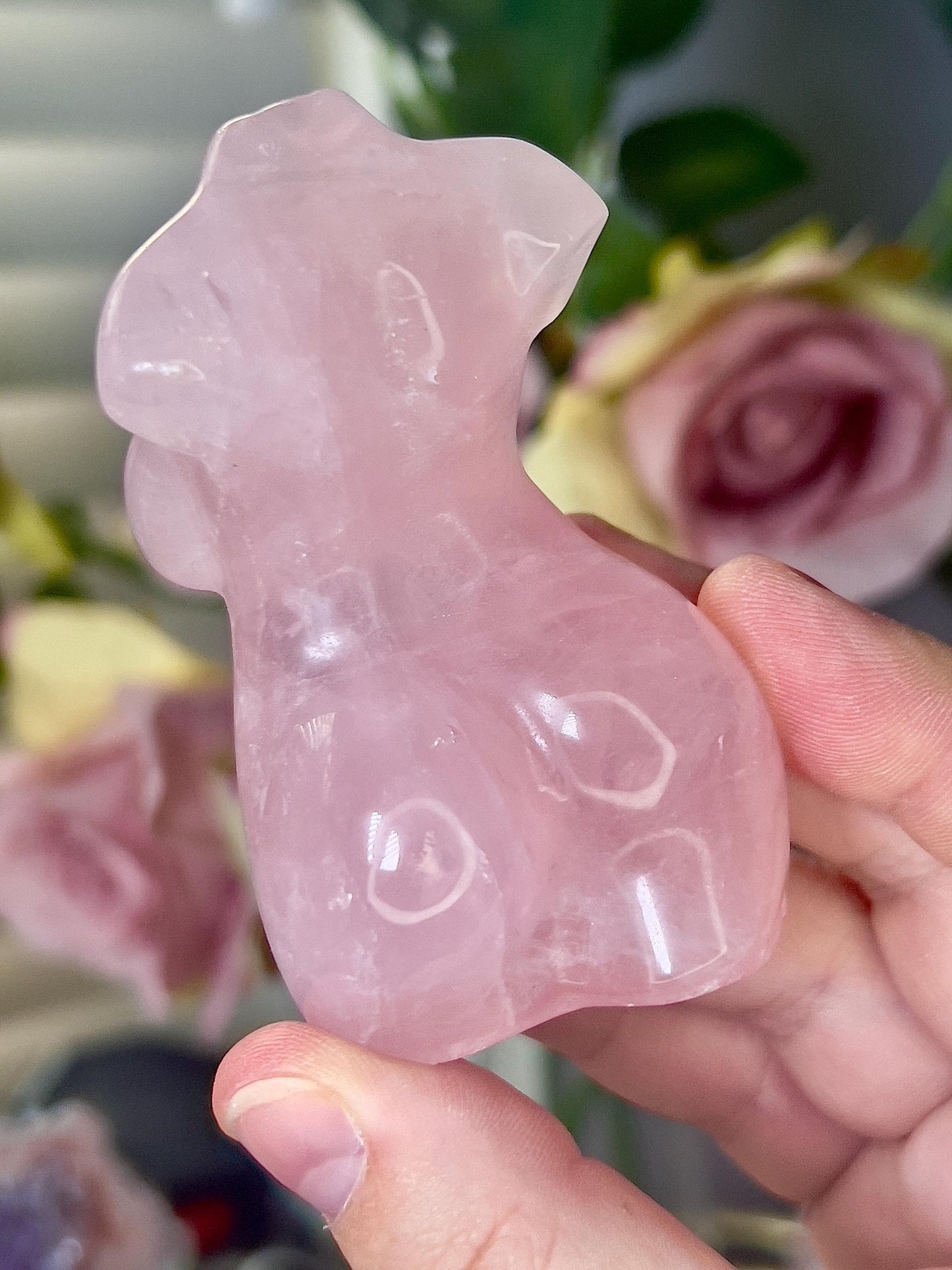 High grade, rose quartz curvy lady with rainbow