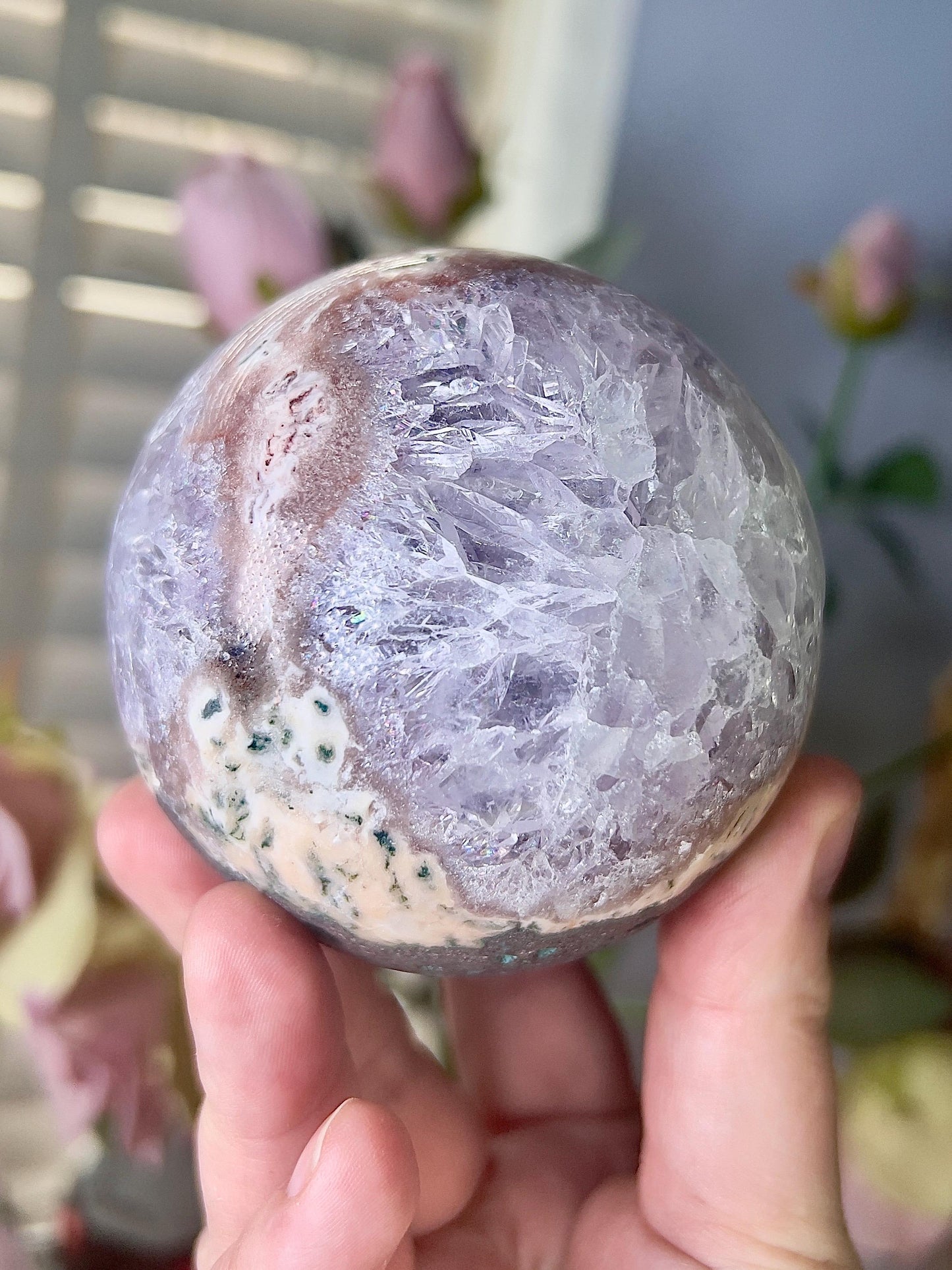 high grade, gorgeous pink amethyst sphere, with incredible quartz druzy