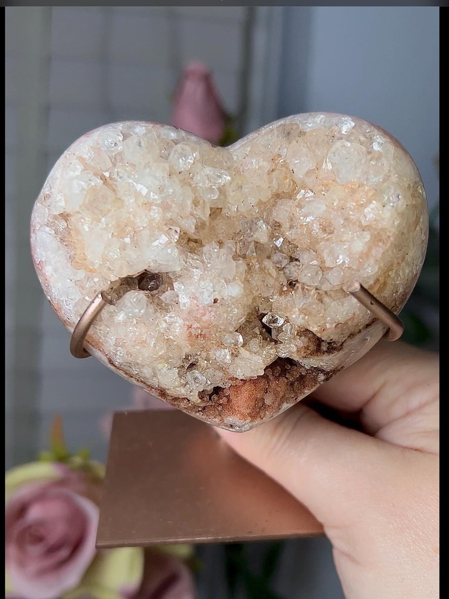 Pink amethyst heart with a high clarity quartz with stand