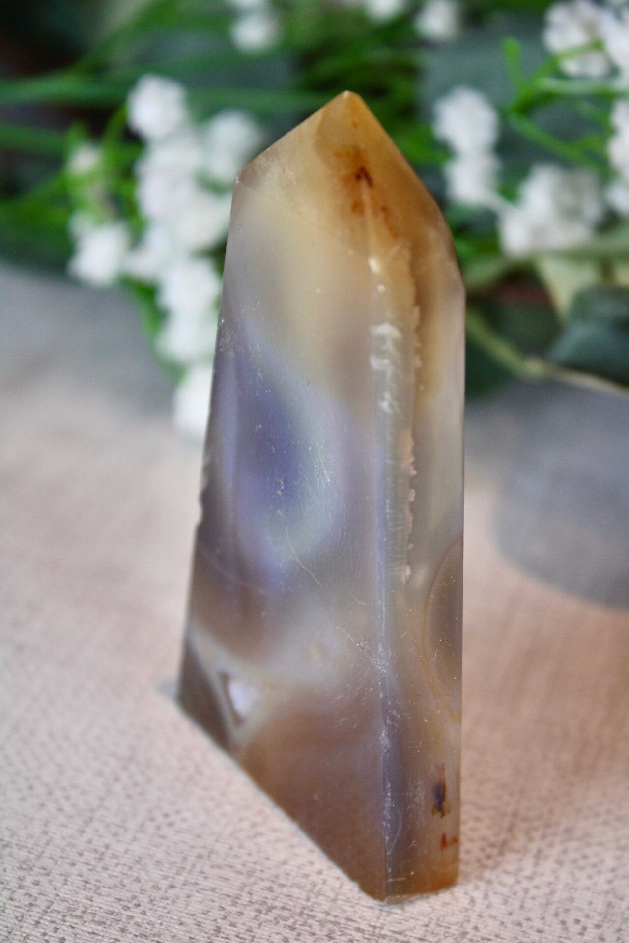 Natural agate tower slice with amethyst druzy