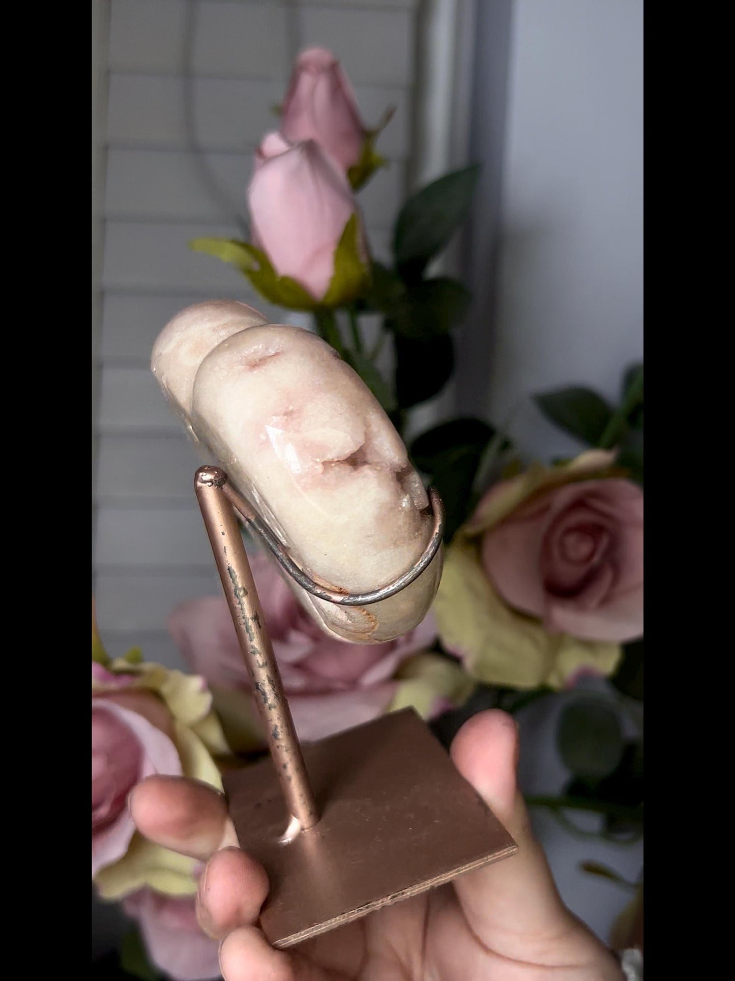 pink amethyst heart comes with stand that is scratched (discount added)