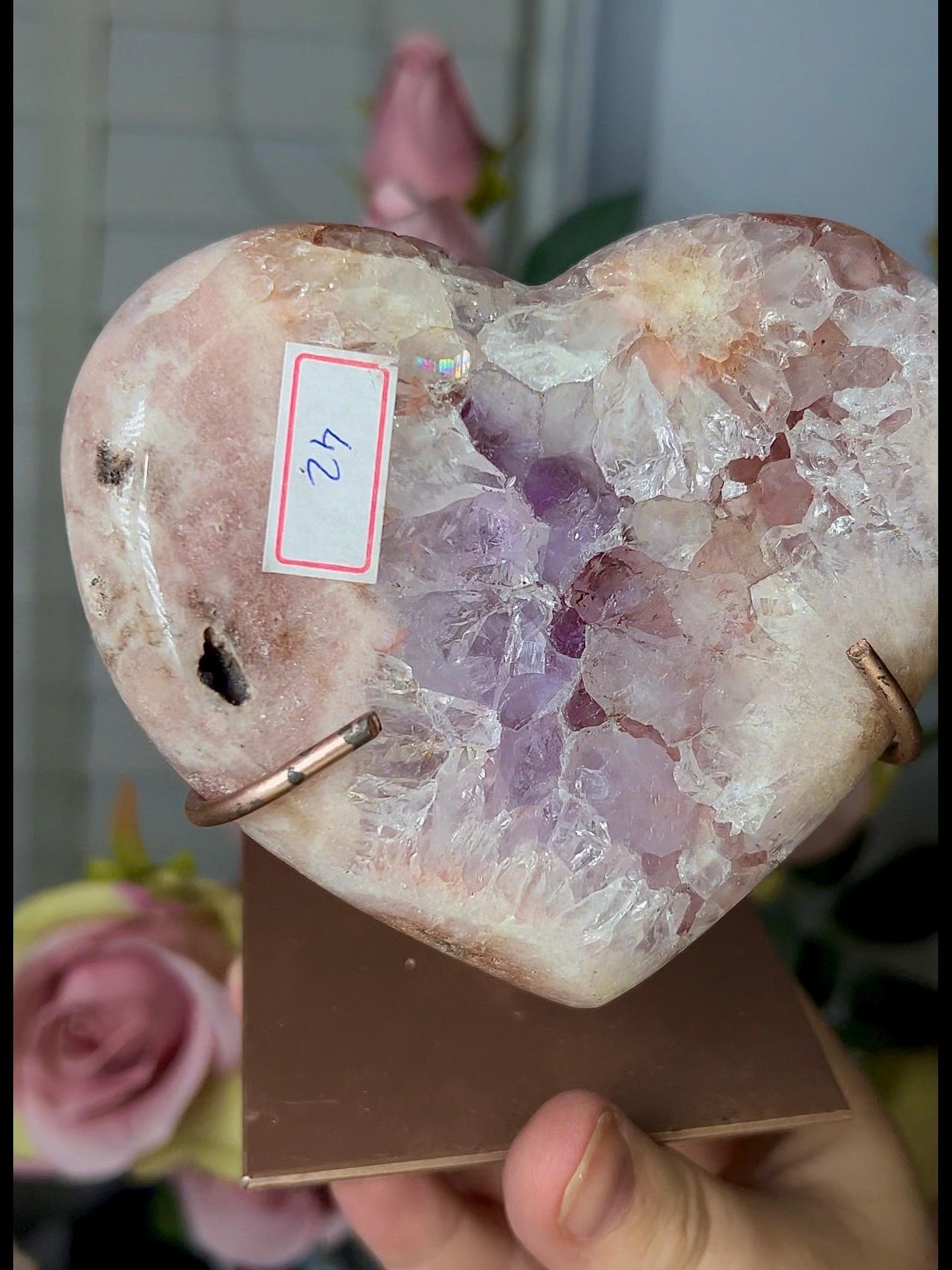High grade, pink amethyst heart with a Beautiful flower, purple quartz & hematite lining 510g with stand