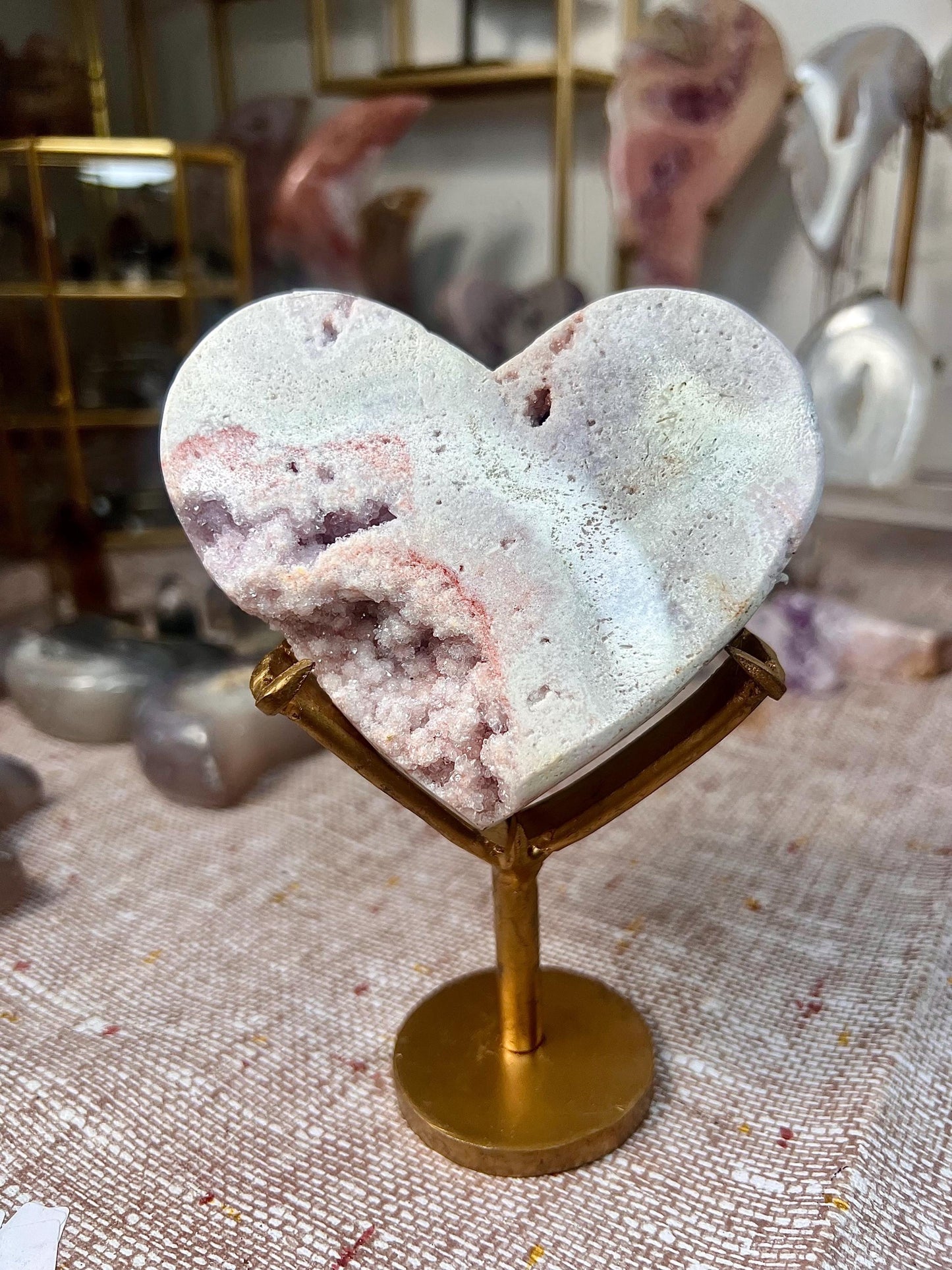 Cute, baby pink amethyst heart on stand with super sugary druze