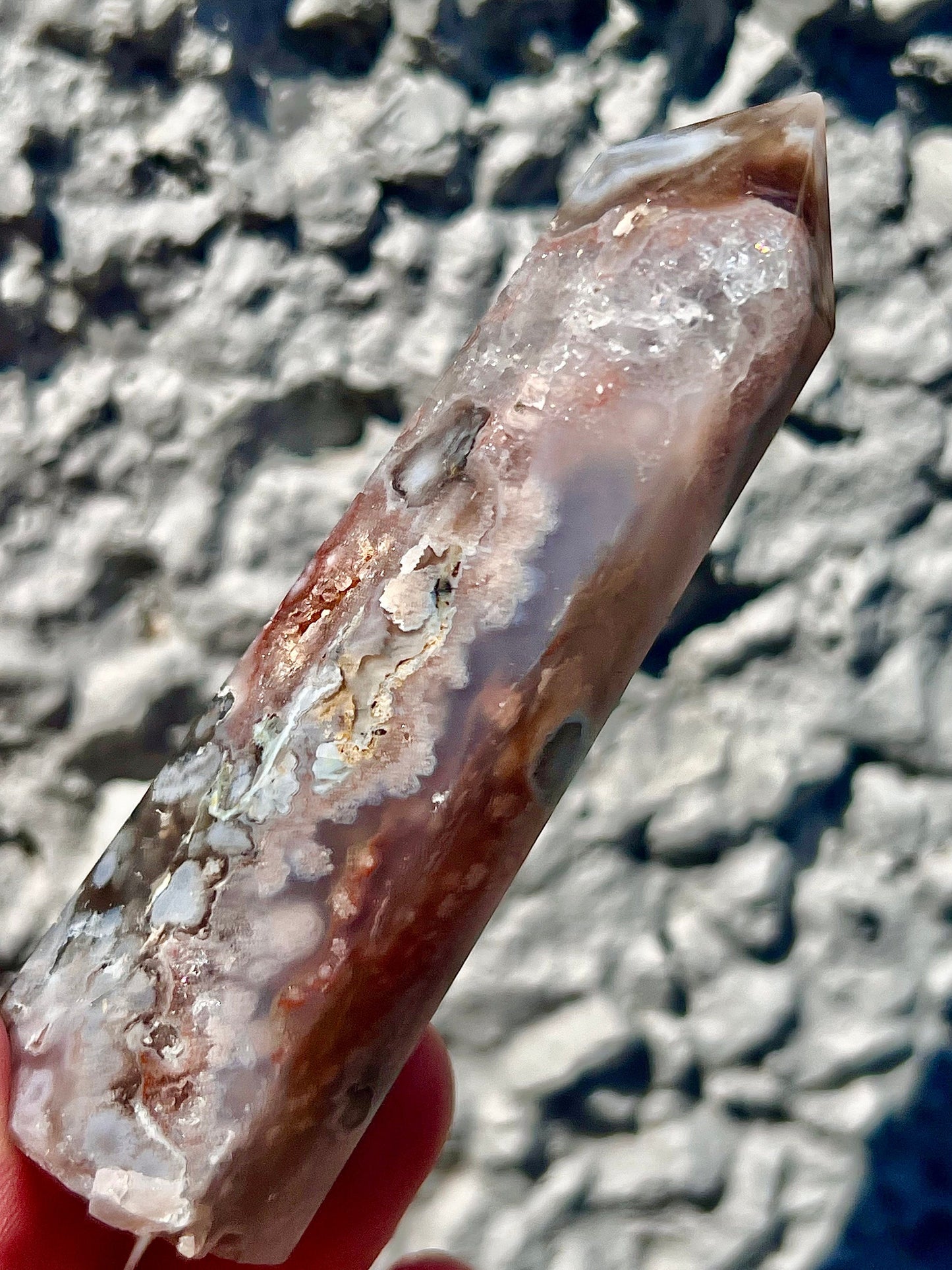 Black flower agate tower with pink amethyst