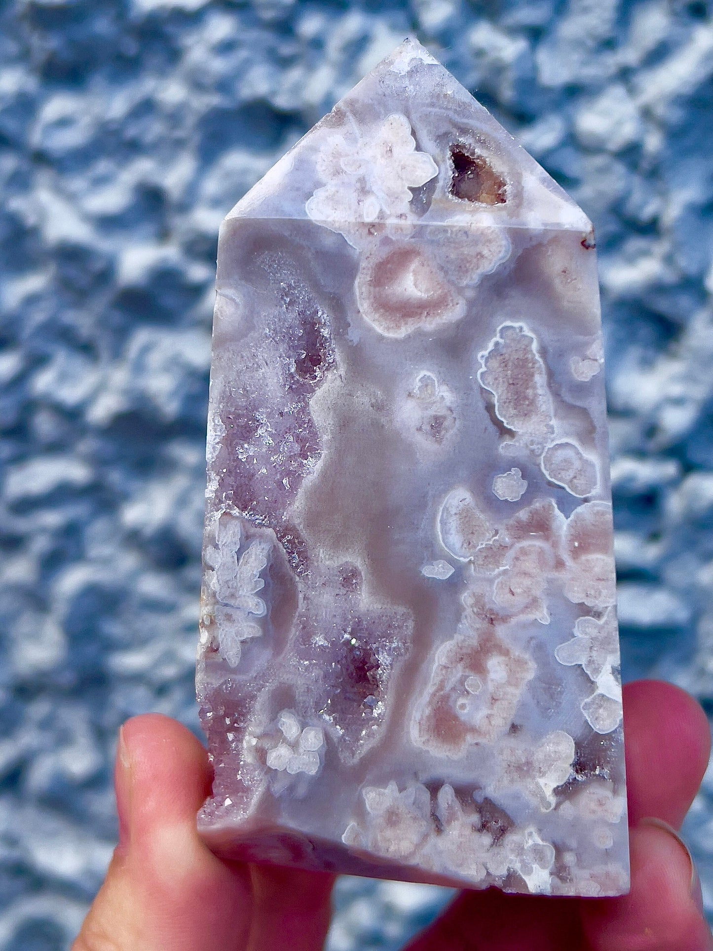 High quality, Baby pink & blue flower agate tower