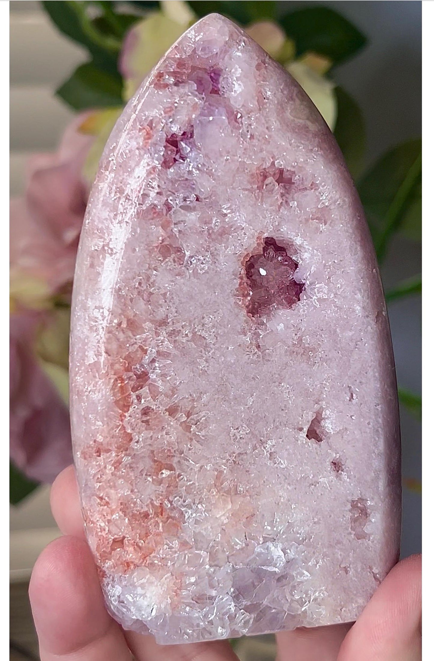 High grade, baby pink amethyst flame with red and purple druzy 315g