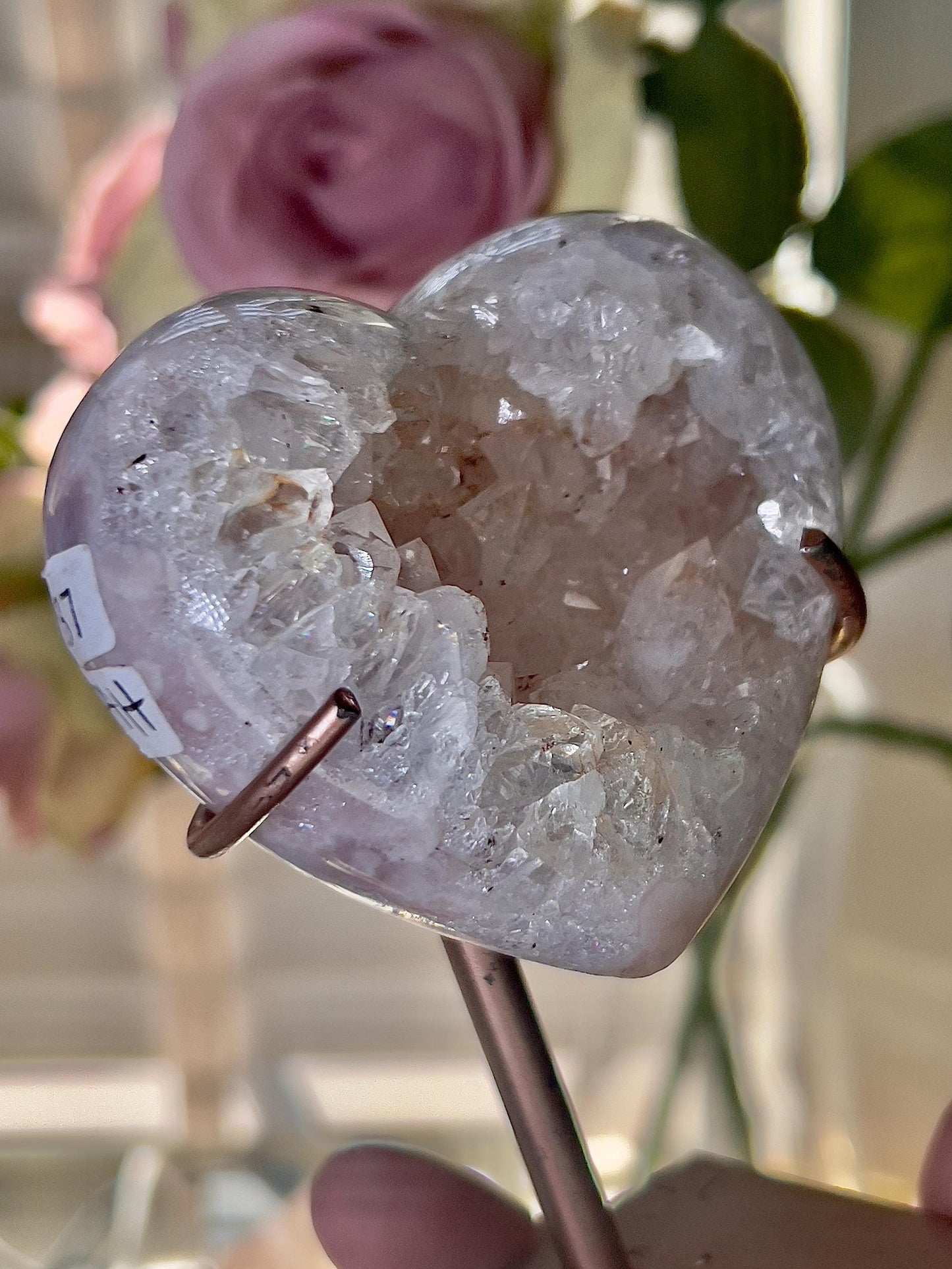 Pink amethyst & quartz heart on custom stand - which has scratches (discount added) can easily be repainted