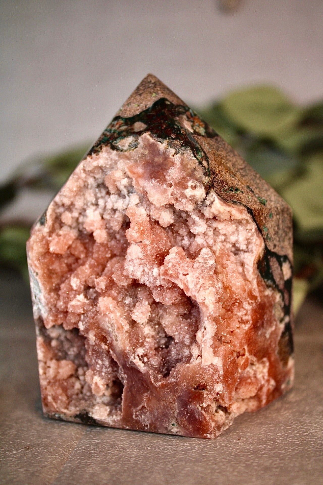 High grade Pink amethyst tower with peach toned sugar druzy - 500g 10cm high