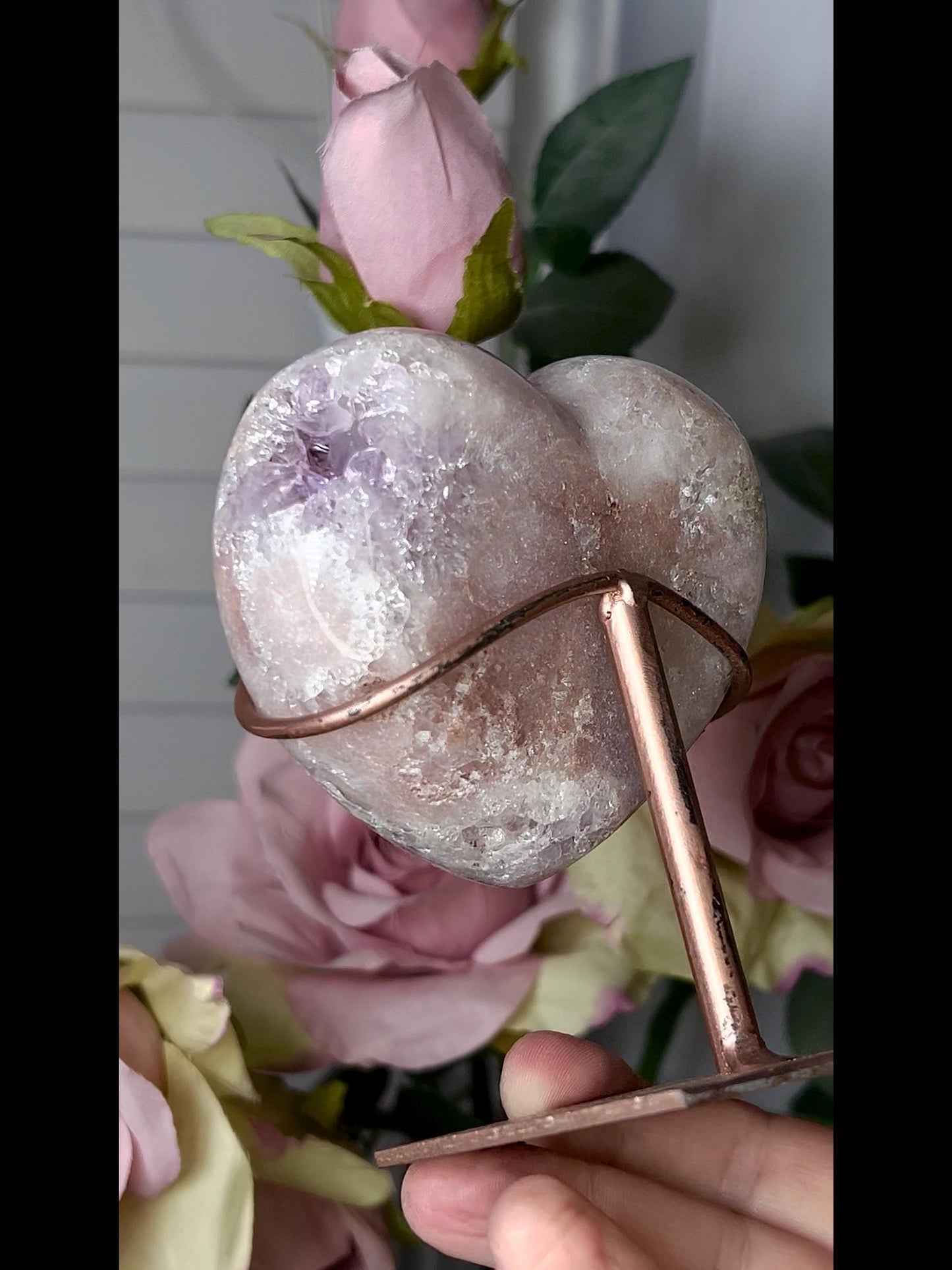 High grade, stunning, pink amethyst heart with purple quartz on stand 384g